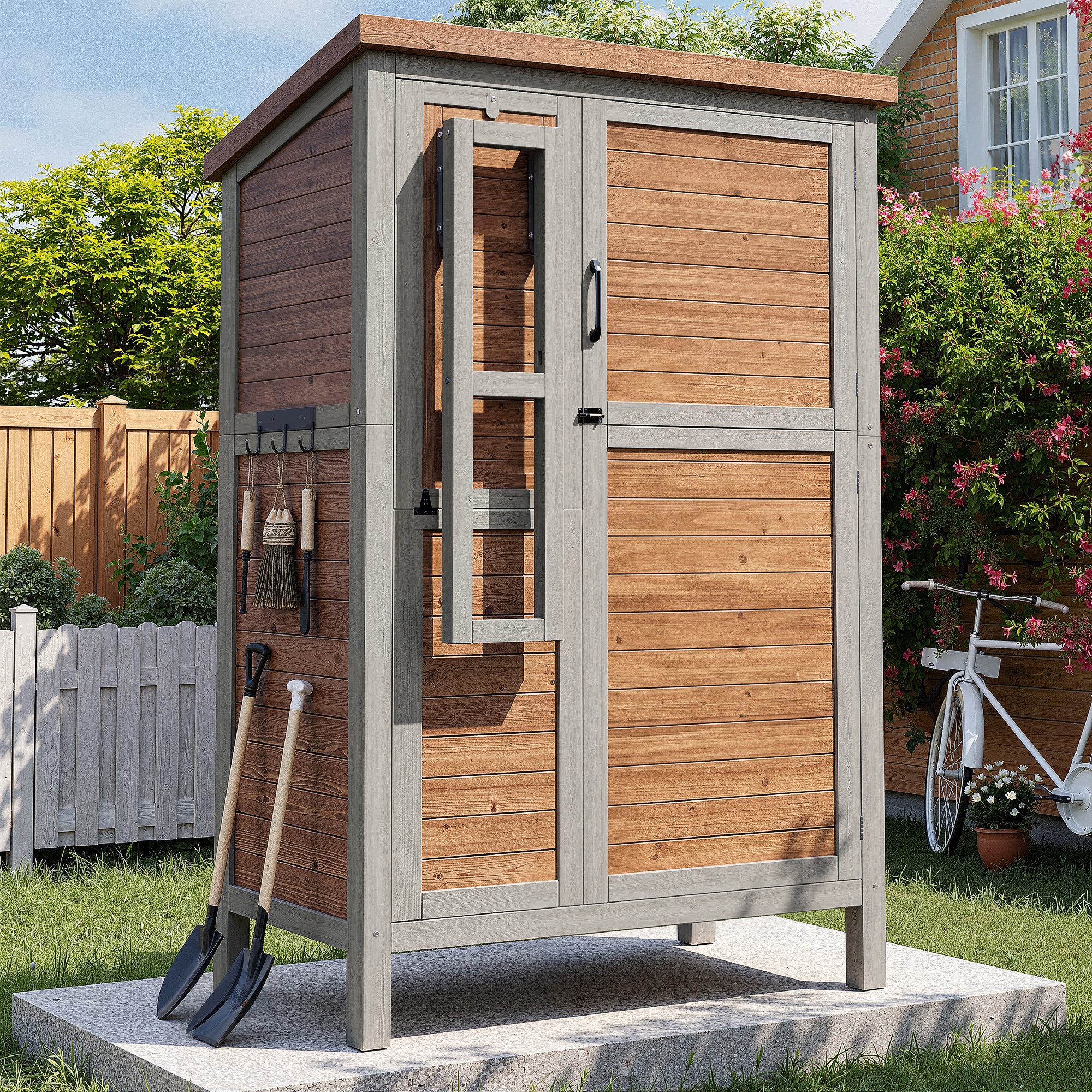 OKWISH Werkzeugschrank Gartenschrank (mit ausklappbarer Arbeitsplatte, aus Tannenholz, mit verstellbaren Regalen, Haken & Sicherheitsverschluss, 1-St., 86*46*160cm)