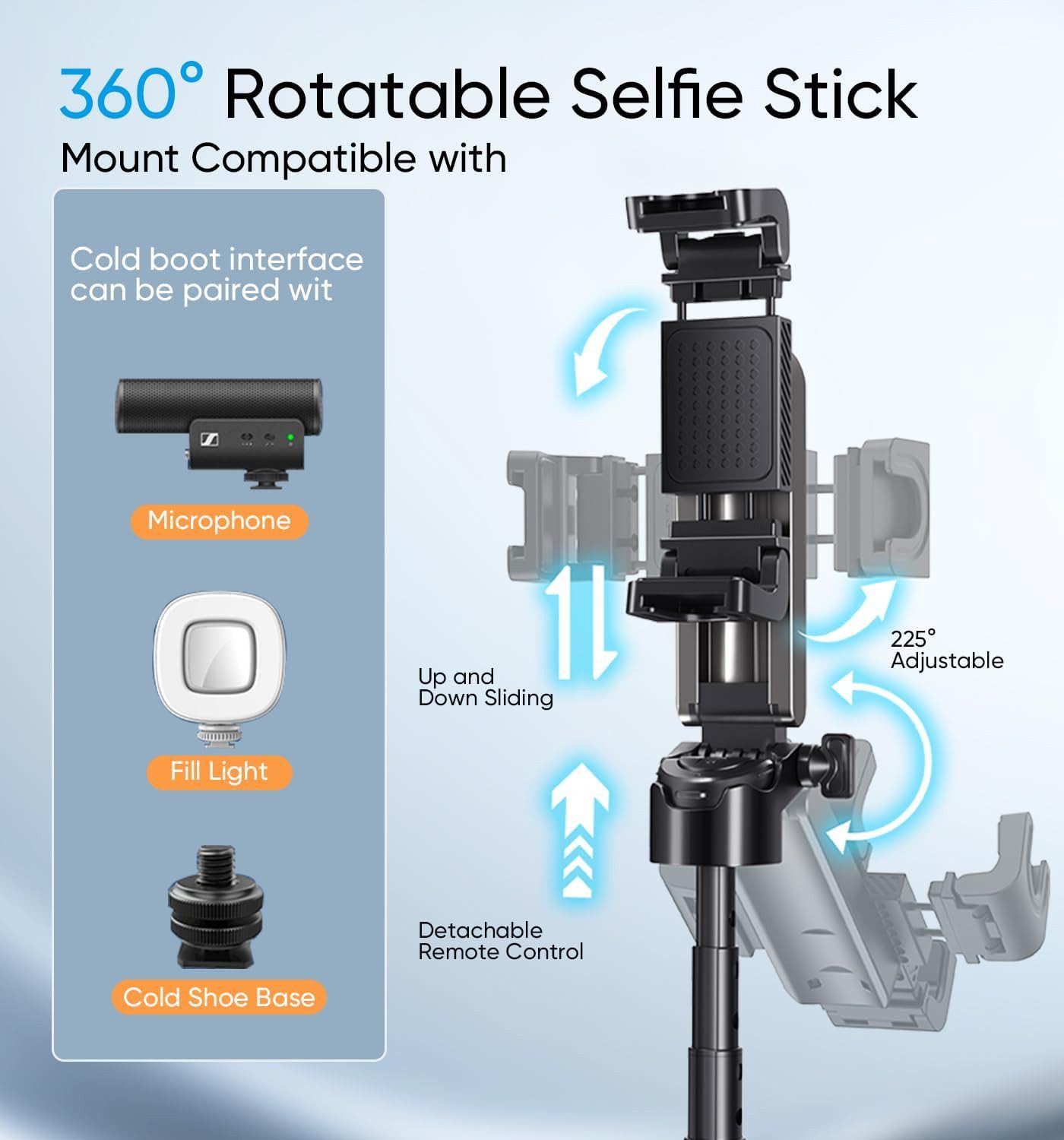 ibettertec Selfie-Stick 3 in 1 Bluetooth Selfie-Stick,Handyhalter mit Bluetooth Fernbedienung, Klappbar,360° drehbar, höhenverstellbar,Wiederaufladbar,Tragbar – Bild 5 von 5