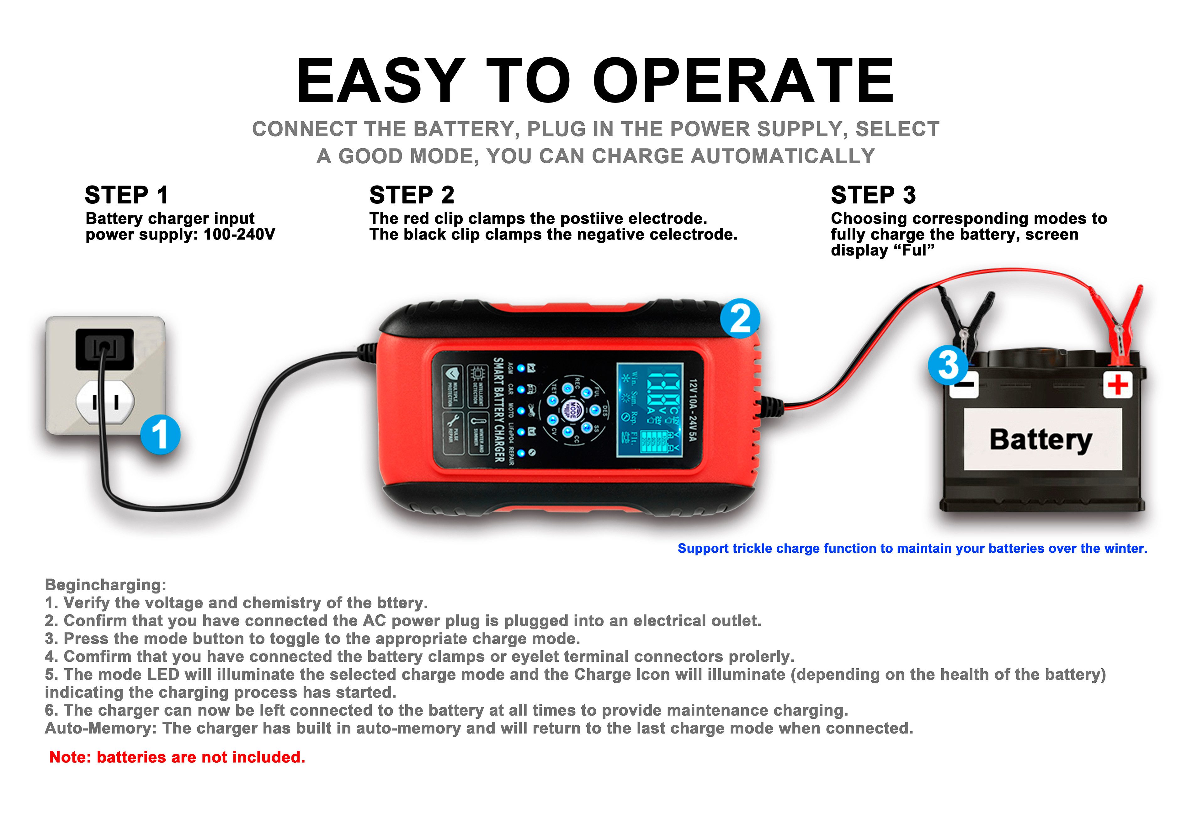 PowerSmart Elektroauto-Ladestation, 7-stufiges Autobatterieladegerät für Wet/GEL/SLA/LiFePO4/Lead-Acid/AGM Batterien, 1-St.