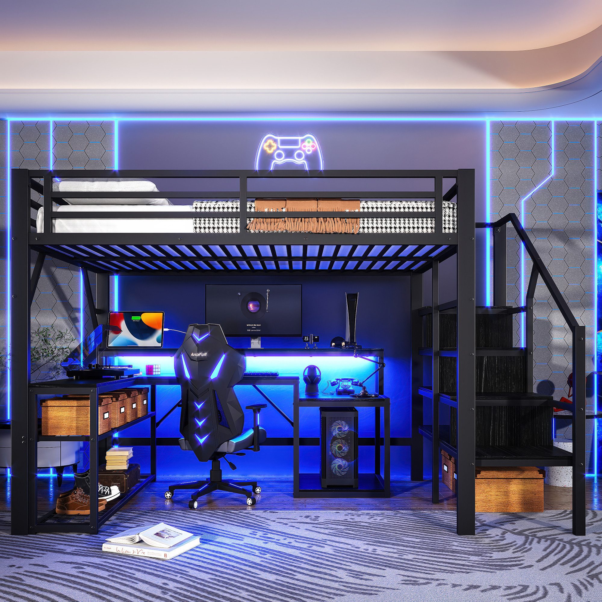 Merax Hochbett mit LED und USB (Jugendbett Einzelbett Metallbett, 1-St) Kinderbett 140x200cm mit Schreibtisch, Treppe, Loftbett & Stauraum