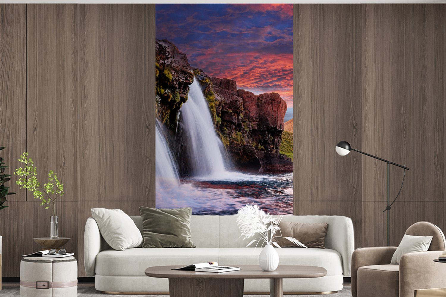 Wasserfall Rosa Berg Landschaft, MuchoWow - - Fototapete Wohnzimmer (2 - St), für - Fototapete Vliestapete Schlafzimmer bedruckt, Wolken Küche, Matt,