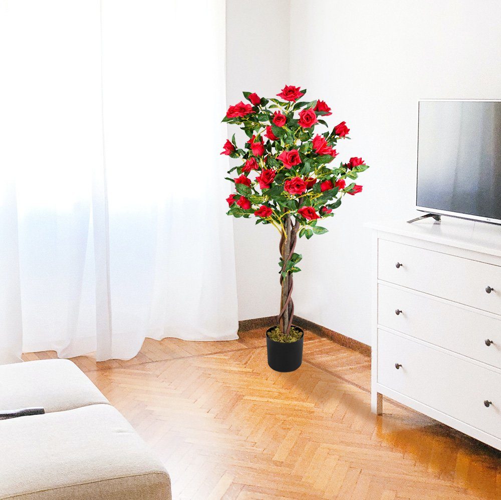 Kunstblume Rose Rosenbusch Rosenstock Künstliche Pflanze Rot Echtholz 120 c günstig online kaufen