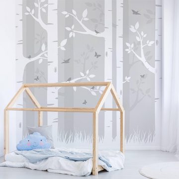 Bilderdepot24 Kindertapete Kinderzimmer Birkenwald Schmetterlinge Vögel Kinder Wanddeko Grau, Glatt, Matt, (Inklusive Gratis-Kleister oder selbstklebend), Mädchenzimmer Jungenzimmer Babyzimmer Bildtapete Fototapete Wandtapete