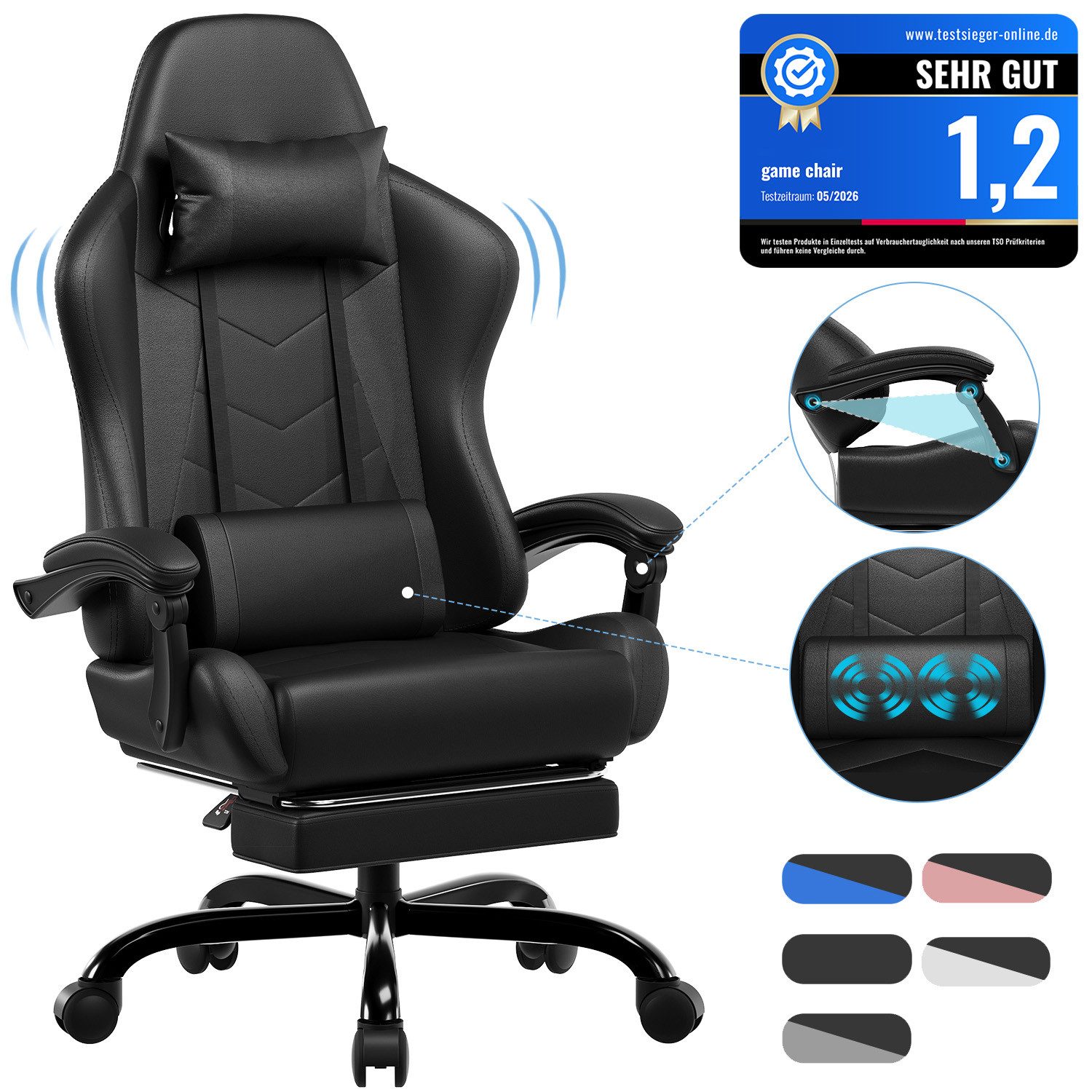 HOMALL Gaming-Stuhl Massage Gaming Stuhl mit Fußstütze 90-135° Rückenlehne einstellbar (Bürostuhl Ergonomisch,Verstellbarem Lenden- & Kopfkissen,mit Fußstütze)