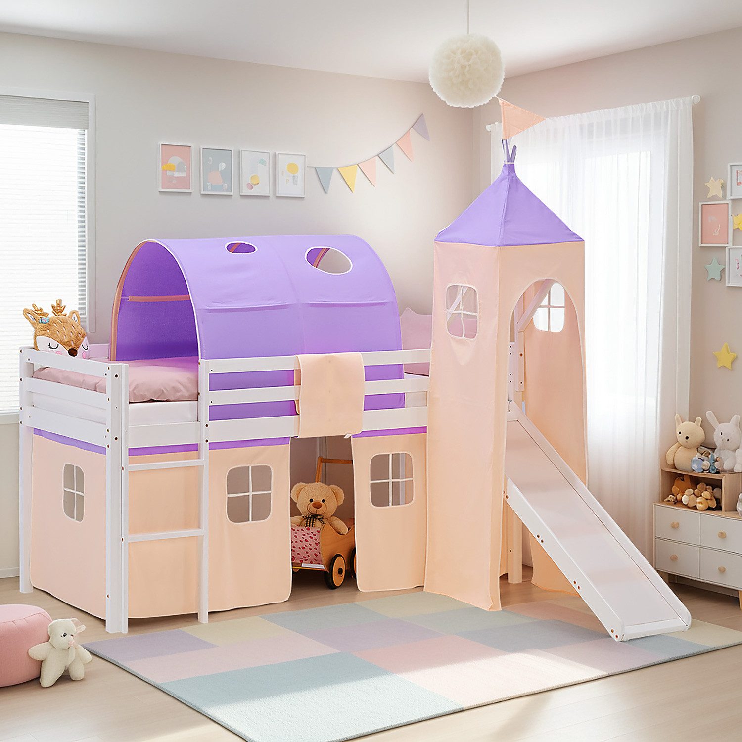 Homestyle4u Hochbett Kinder mit / ohne Rutsche 90x200 Holz Mädchen Rosa Lila Vorhang (Komplett-Set mit Lattenrost, mit Rutsche, mit Tunnel, mit Turm, Matratze mit OEKO-TEX® Standard 100) mit Rausfallschutz, Mädchen Spielbett