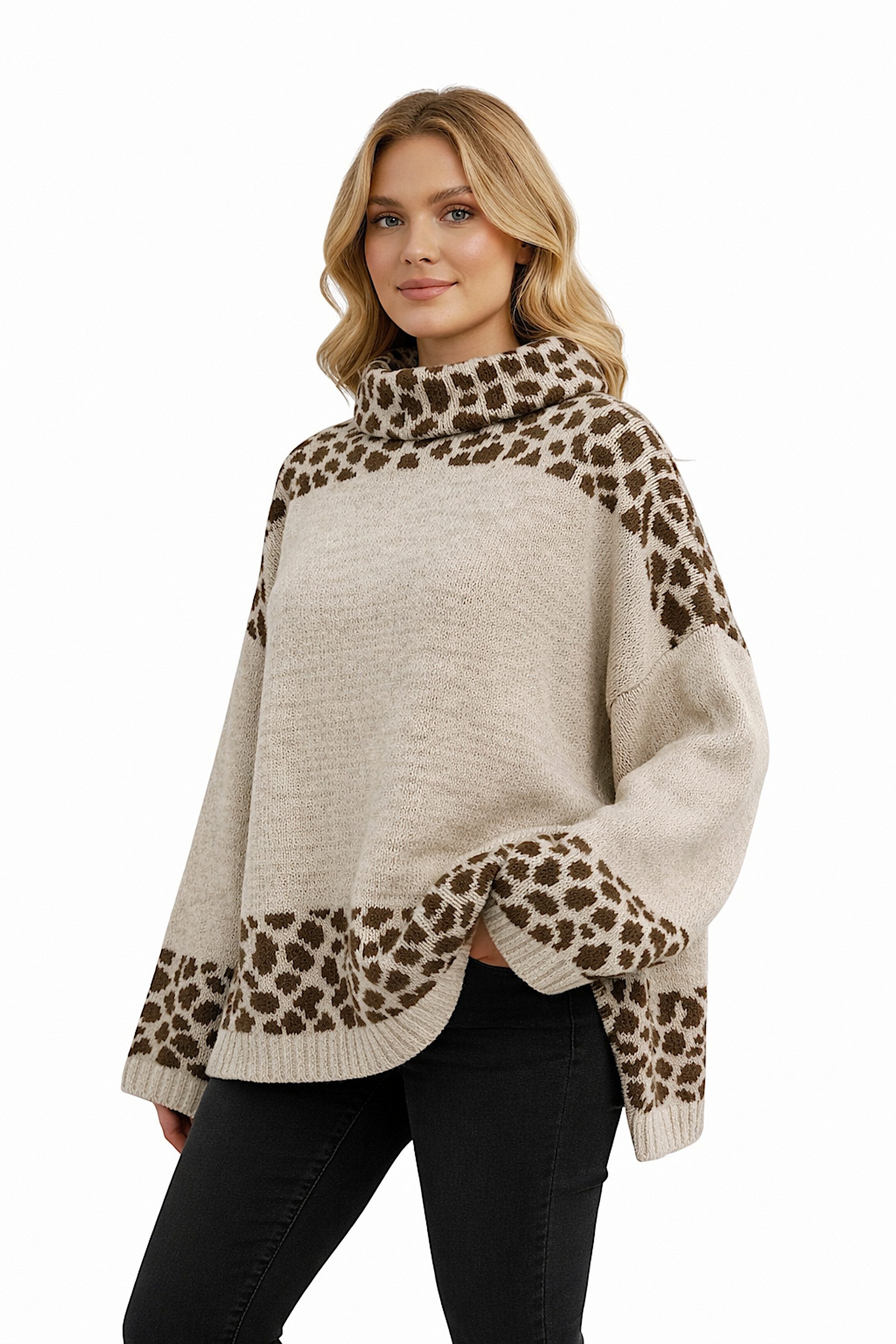 Worldclassca Longpullover WORLDCLASSCA Damen Oversize Strickpulllover Lang Uni + Leopard Muster Neue Kollektion - Stilvolle und gemütliche Strickmode für Damen