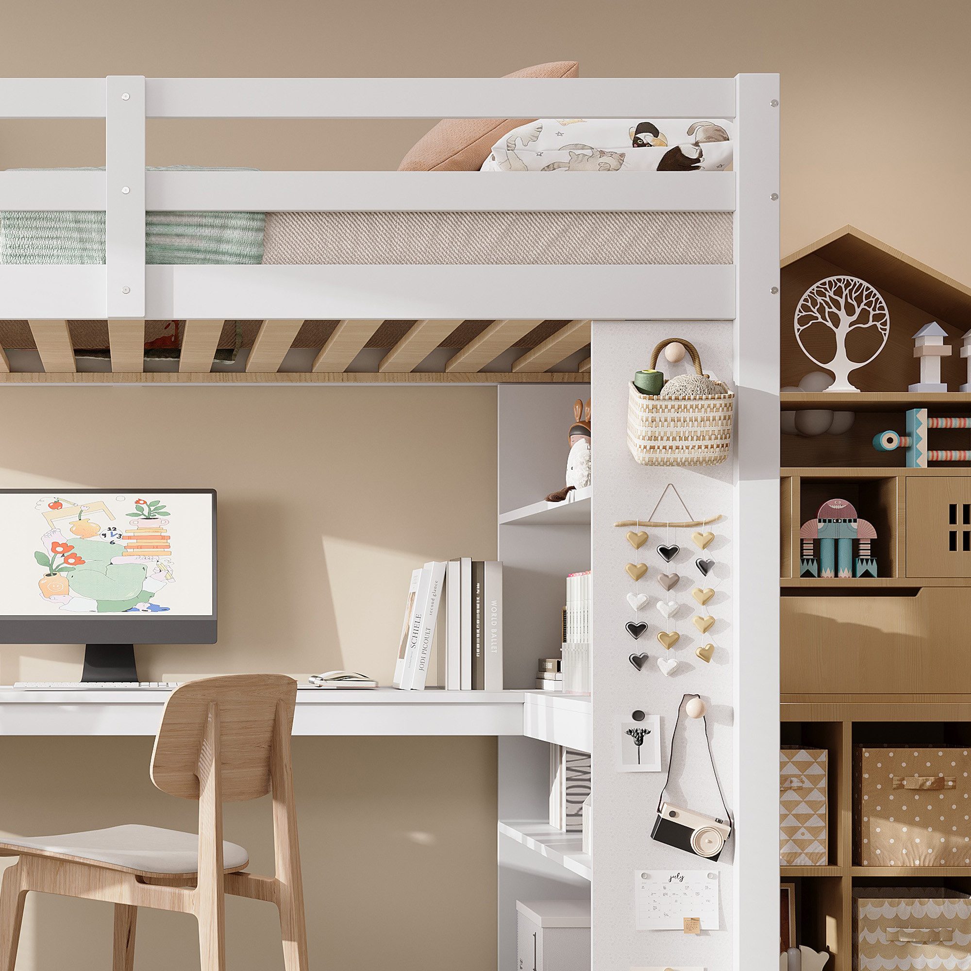 Flieks Hochbett Kinderbett 90x200cm mit Schreibtisch, Stauraumregal und Filzfläche – Bild 5 von 5