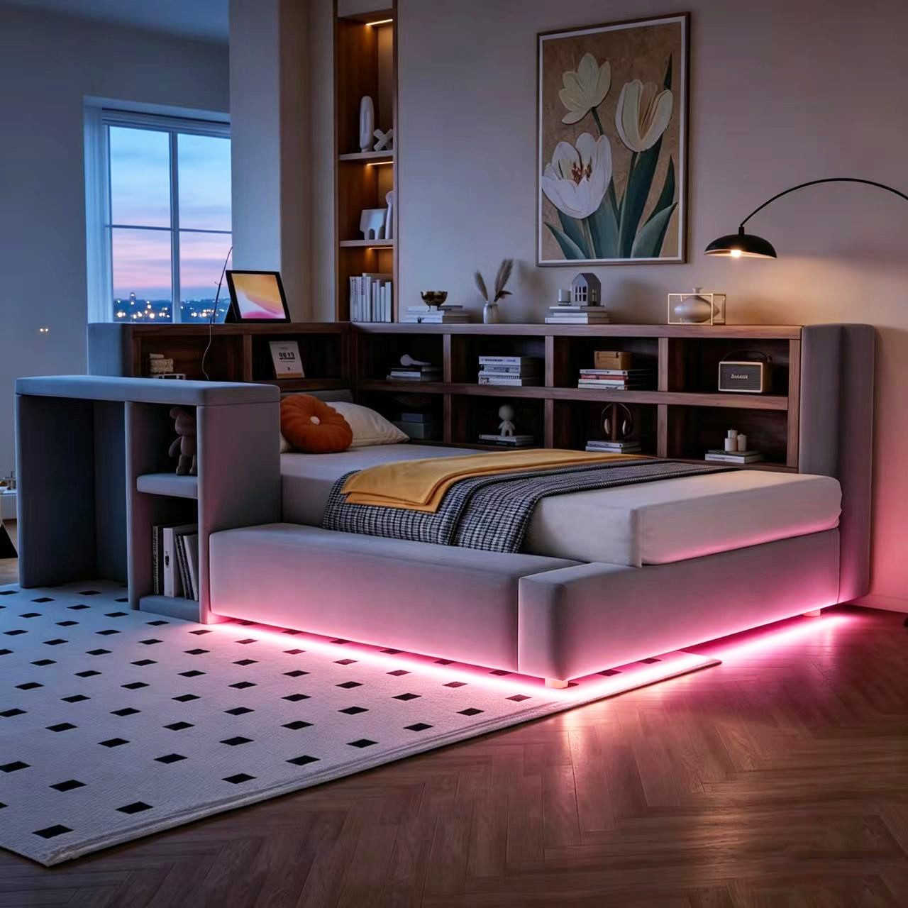 Merax Daybett 90x200cm mit LED-Beleuchtung und Steckdosen (Samt Jugendbett Sofabett Schlafsofa Kinderbett, 1 tlg), Polsterbett mit gepolstertem Kopfteil, Stauraum & Beistelltisch