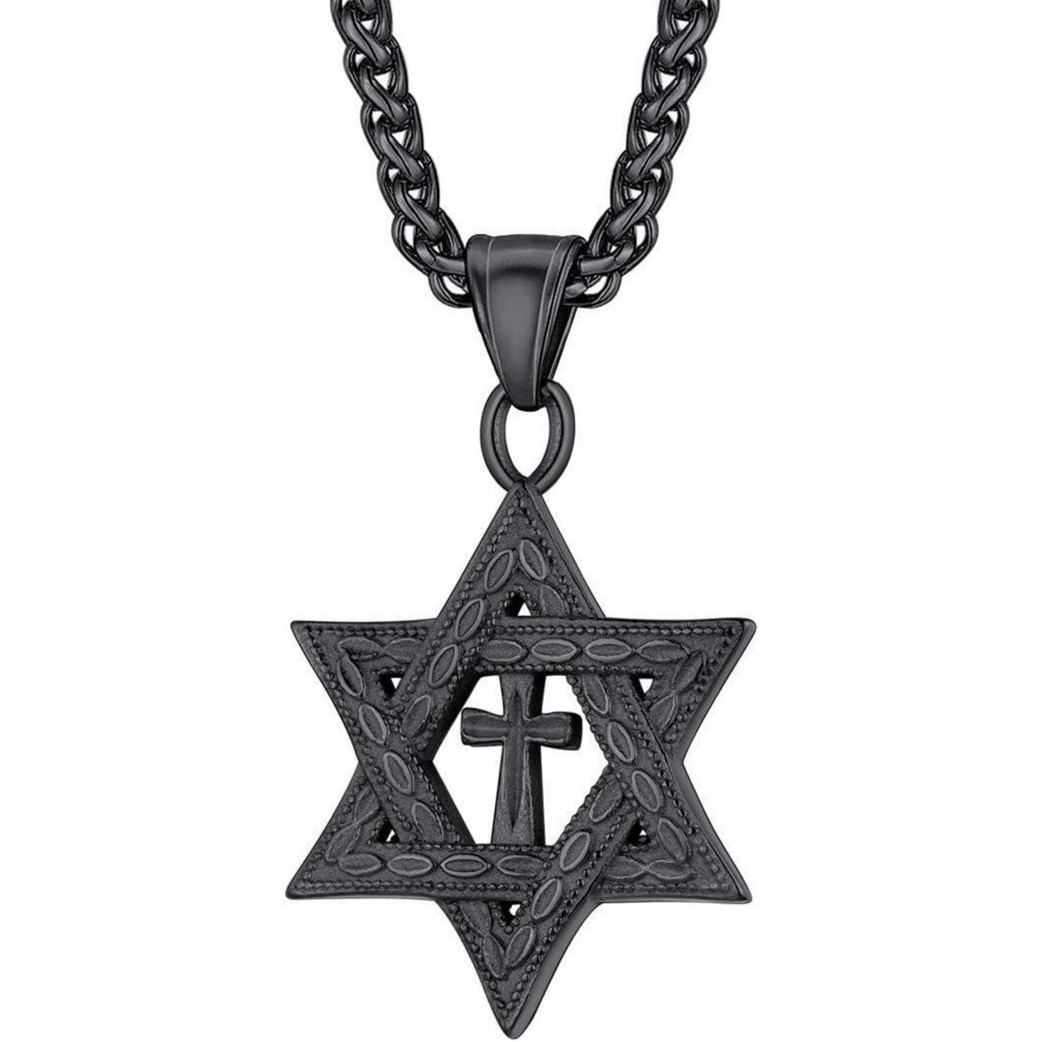 Valentinstagsgeschenk LuxusKollektion Kette und Anhänger Set Halskette Davidstern Edelstahl Herren Hexagramm Schwarz Personalisiert