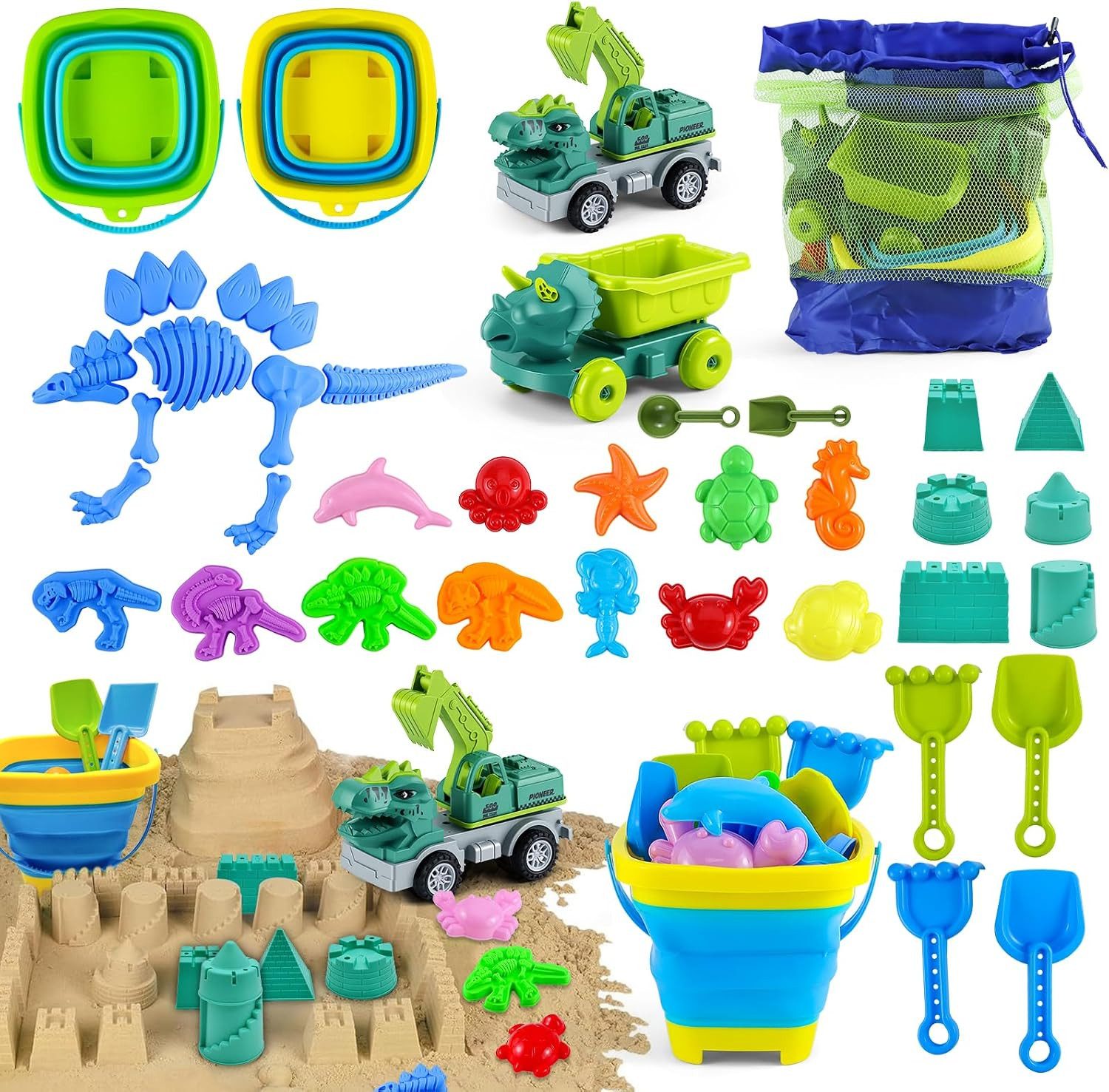 Pgtc Sandform-Set Dino Strandspielzeug Set 36-tlg. mit Falteimer und Netztasche Kinder, (36-teiliges Dino Strandspielzeug mit Falteimer und Netztragetasche, 36-tlg., 36-teiliges Dino Strandspielzeug Set mit Falteimern Netztragetasche), 36-teiliges Dino Sandspielzeug mit Falteimern und Netztragetasche