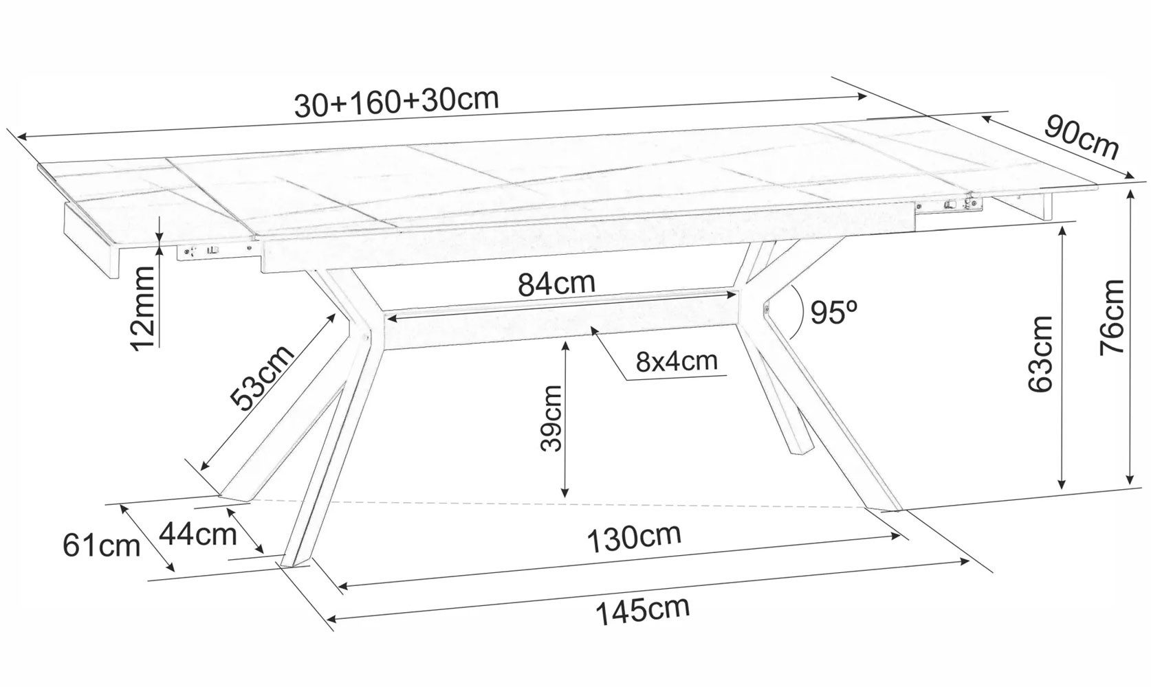 Feldmann-Wohnen Esstisch Imperia (Tischplatte ausziehbar bis 220cm, 1-St., Marmor Optik, Tischplatte aus Keramik), 160-220x90x75cm schwarz Marmor matt / schwarz matt ausziehbar