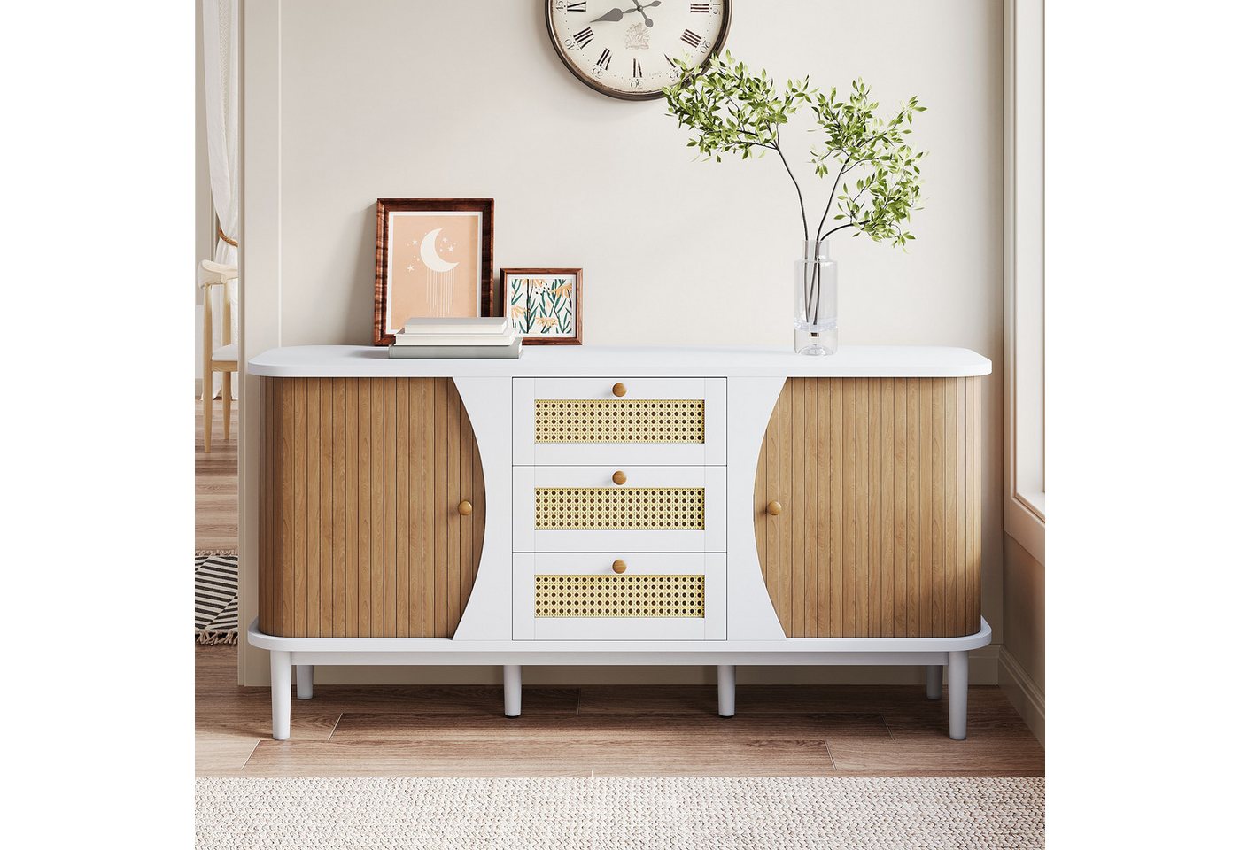 KLAM HOME Sideboard Rattankommode, Kommode mit Schiebetüren, mit verstellbaren Einlegeböden und abgerundeter Platte