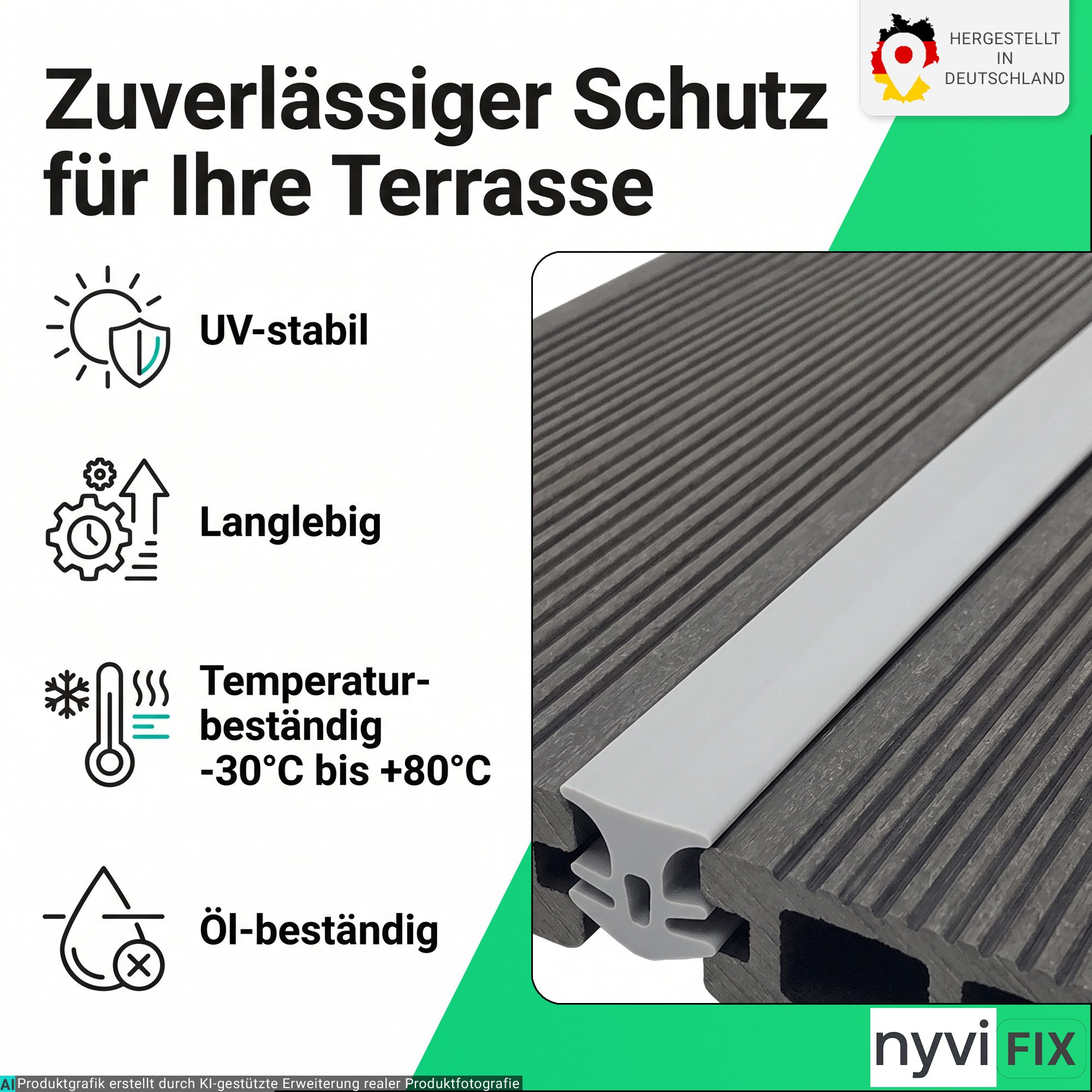 NYVI Terrassendielen Fugendichtband NYVIFix Profi Dichtung für Terrassen Dielen Fugen, Terrassenfugenband für WPC, PVC, Stein und Holzboden, Made in Germany