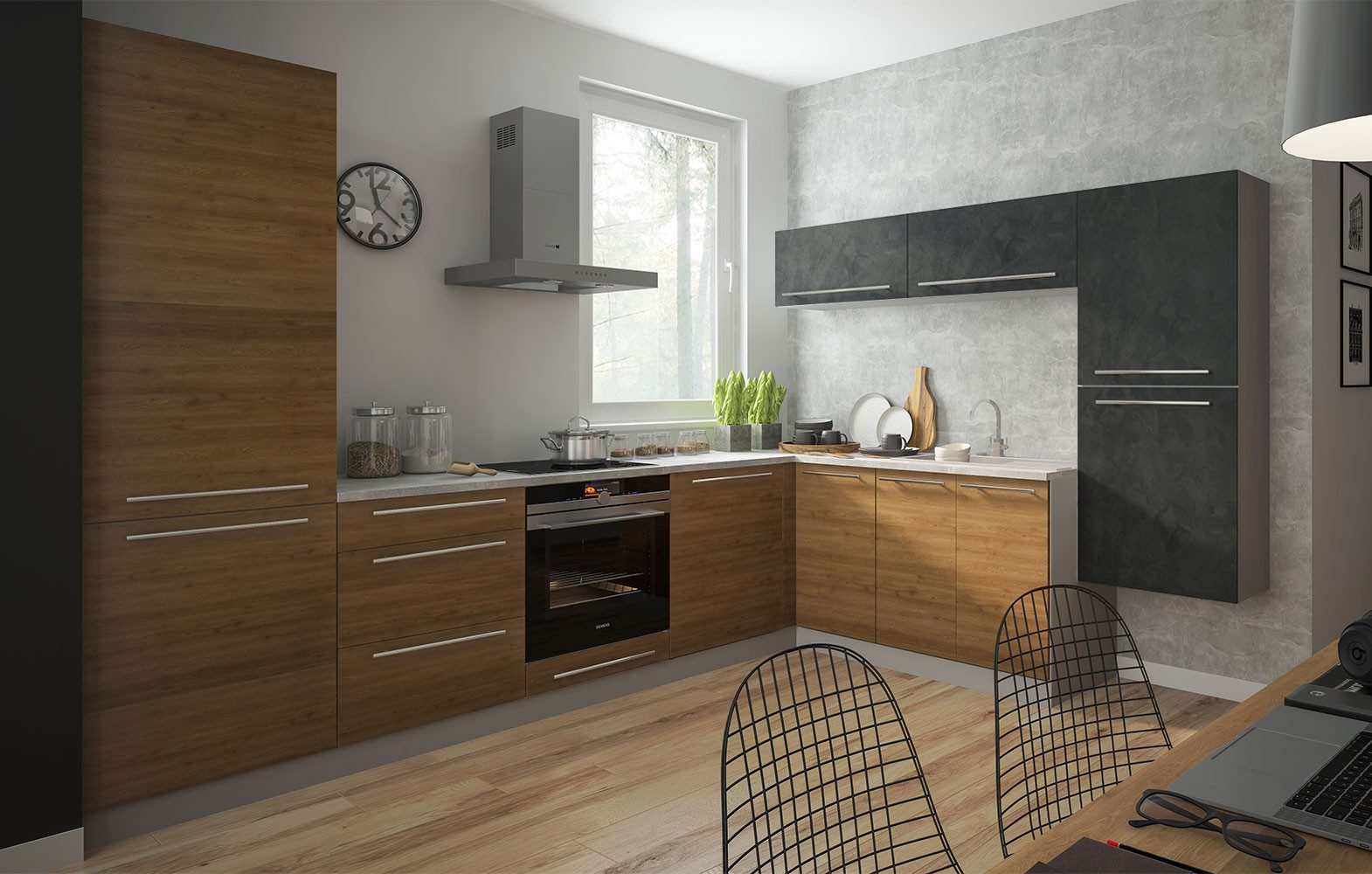 Feldmann-Wohnen Küchenzeile Malmo, (Blum Teilauszug Schubladensystem, Gasdruckdämpfer), 305x247cm grau / Pembroke - ares black, 11-teilig