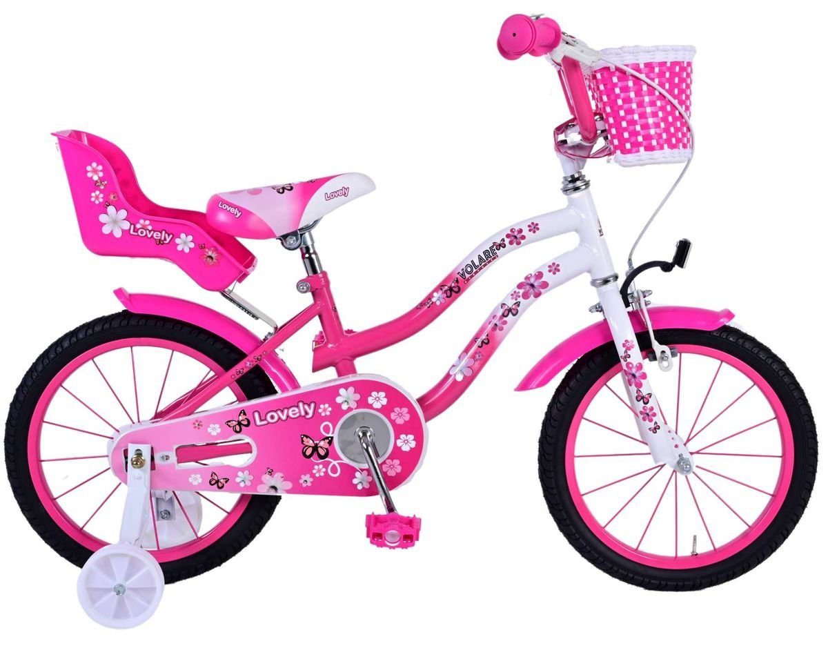 Volare Kinderfahrrad 16 Zoll Kinder Mädchen Fahrrad Kinderfahrrad Rad Bike LOVELY ROSA 1690, 1 Gang, Rücktritt, Korb, Stützräder, Puppensitz, Schutzbleche, Kettenschutz