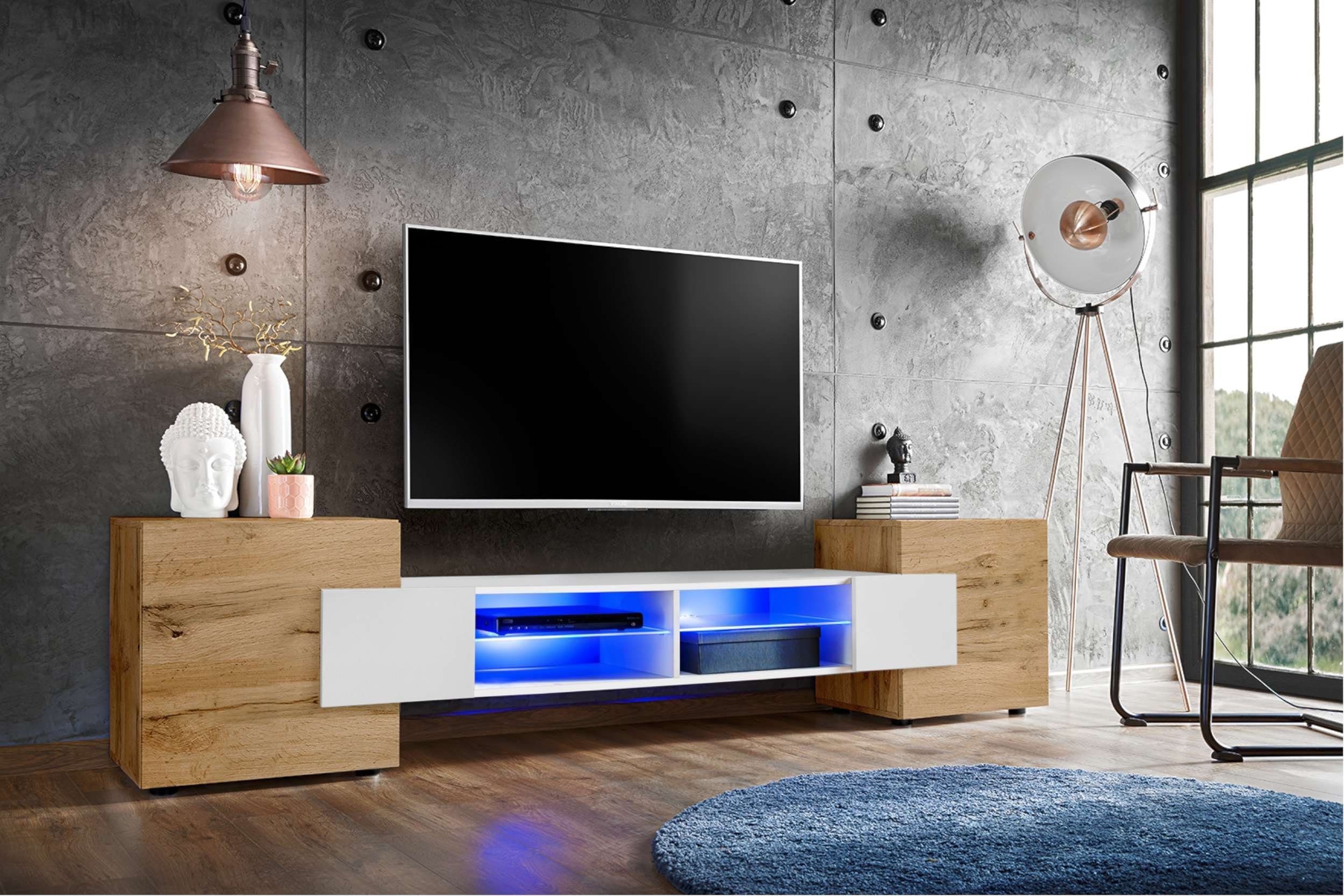 99rooms Lowboard Seoul I (TV-Kommode, TV-Schrank, Fernsehschrank), wahlweise mit LED-Beleuchtung, Hochglanzfront, Glaseinlegeböden, Modern Design, aus Holzwerkstoff, viel Stauraum, variabel stellbar