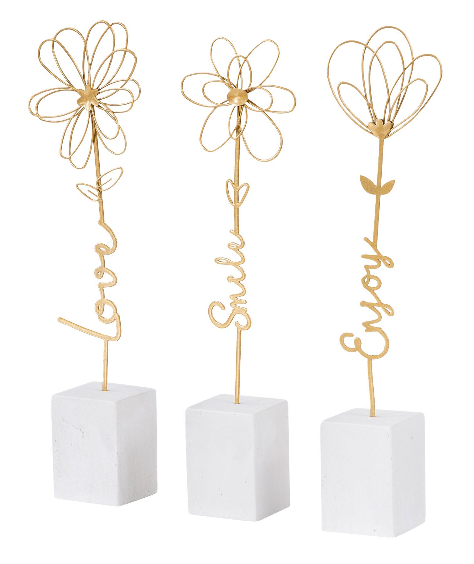 Levandeo® Dekoobjekt, 3er Set Deko Aufsteller Blume Metall Gold Beton Grau Draht Deko