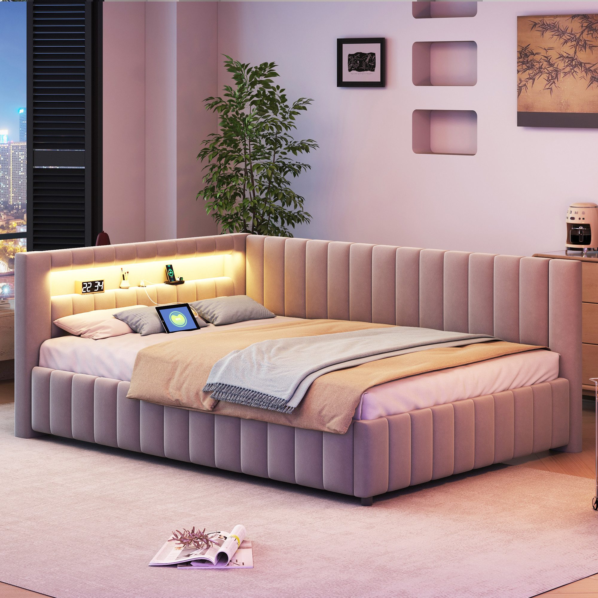 MODFU Polsterbett Daybett Tagesbett Polsterbett Doppelbett Kinderbett Gästebett (mit LED-Licht, USB-Anschluss, Rückenlehne und stabilem Rahmen, für Schlafzimmer & Gästezimmer, 140x200 cm), Ohne Matratze