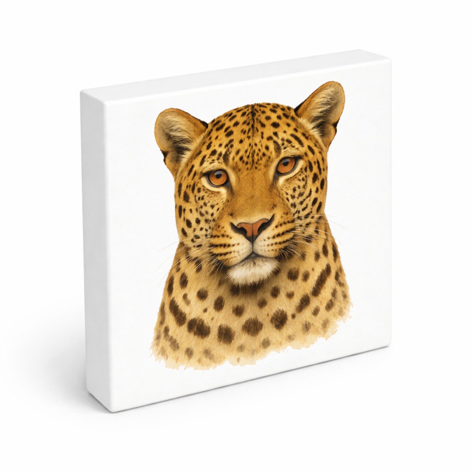 Holzbild Raubtierblick Leopardenkopf Holzbild in 15x15 cm zum Stellen oder