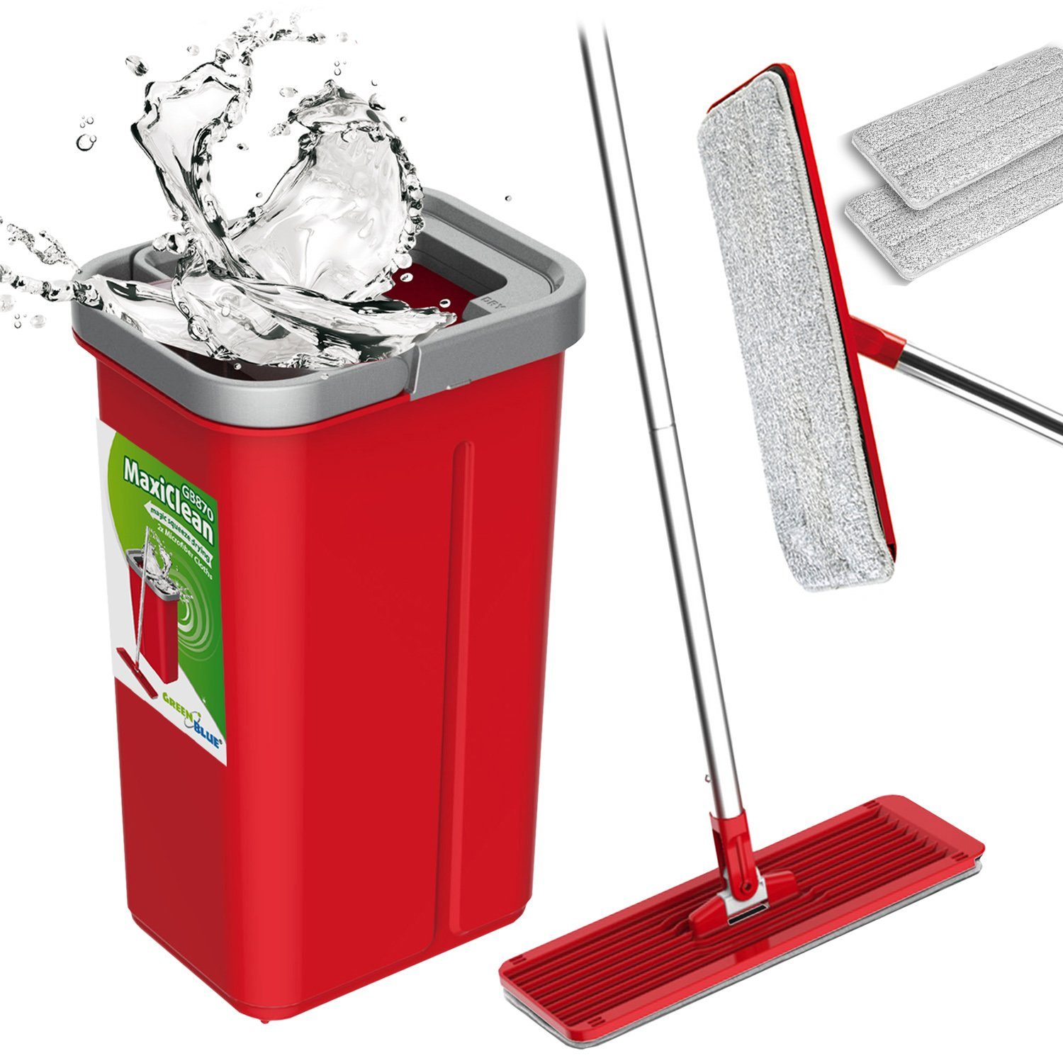 GreenBlue Wischmopp GB870 Flachmopp Set mit 2 in 1 Putzeimer 5,7L, 5,7L-Eimer mit 2-Kammer-System zur Nass- u. Trockenreinigung