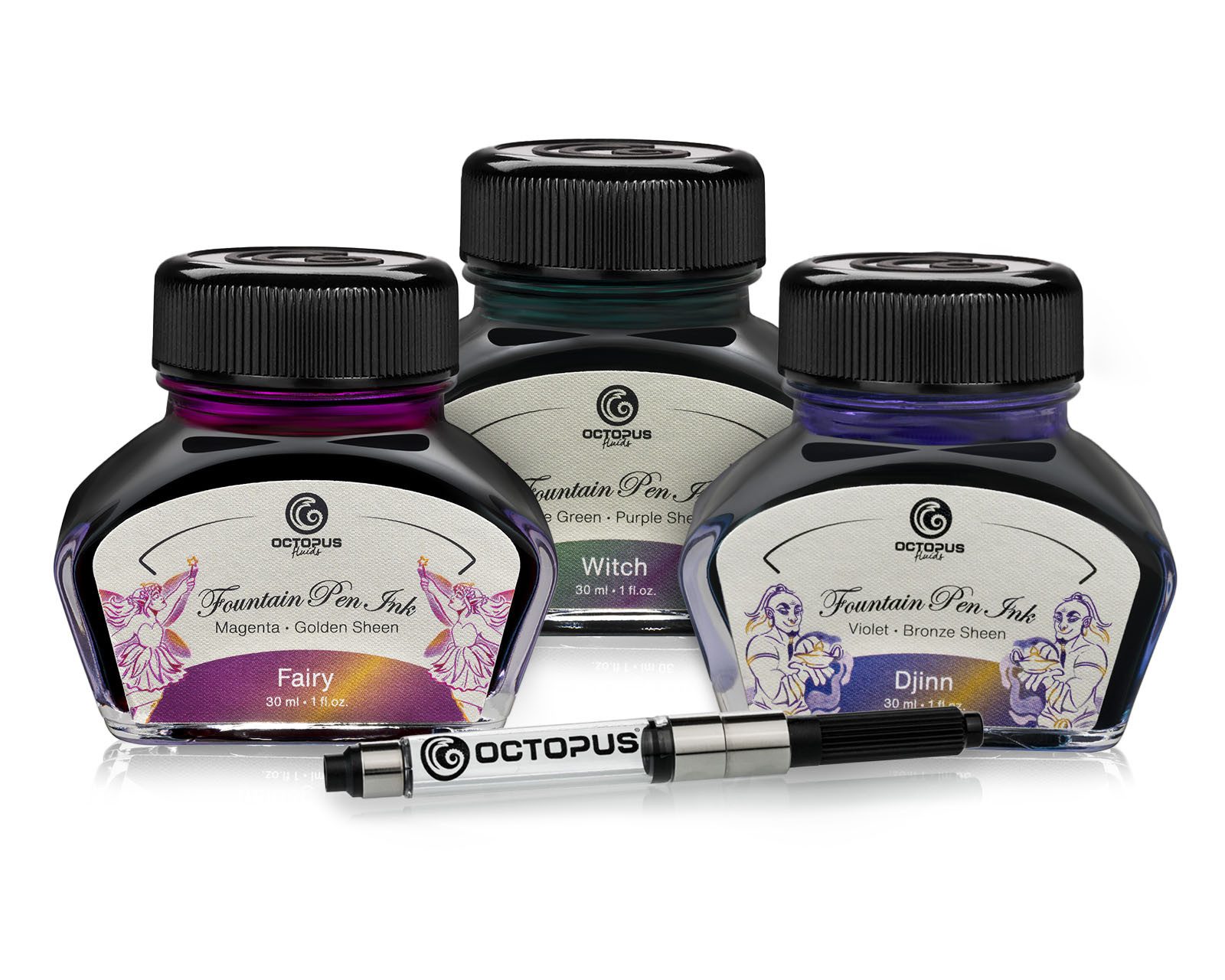 OCTOPUS Fluids 3 x 30ml Füllhaltertinte Sheen mit Konverter Tintenglas (0-tlg., inklusive Konverter)