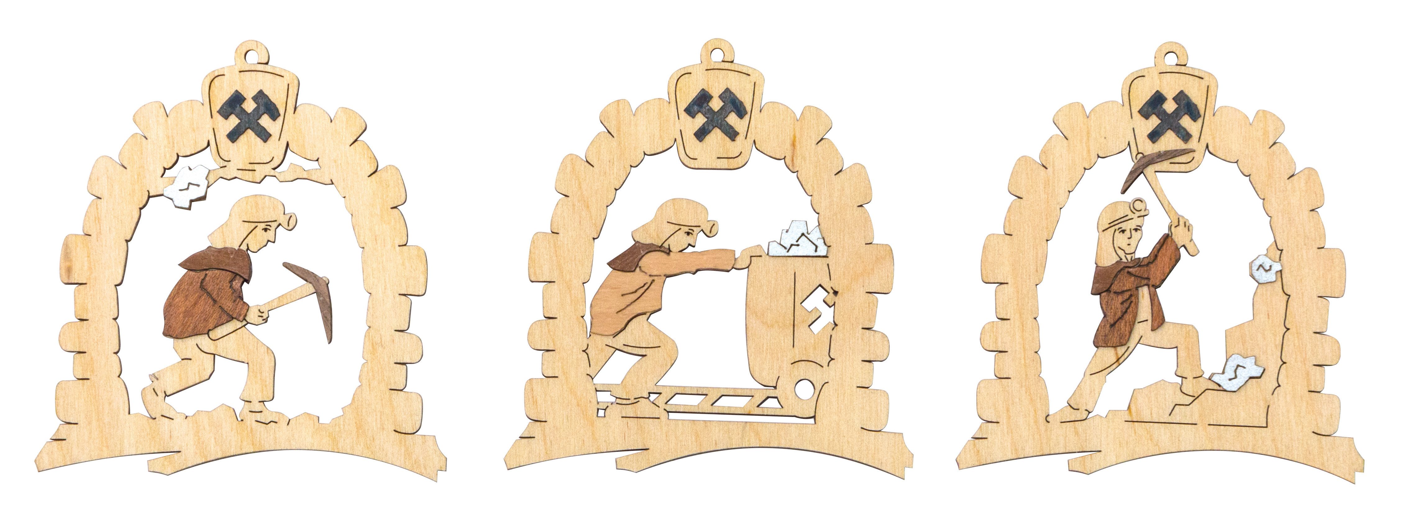 Kuhnert Kreativset Baumanhänger - Bergmann - 3 Motive je 2 Stück - Durchmesser 7cm, erzgebirgische Handarbeit aus Holz - schicke Deko - Made in Germany