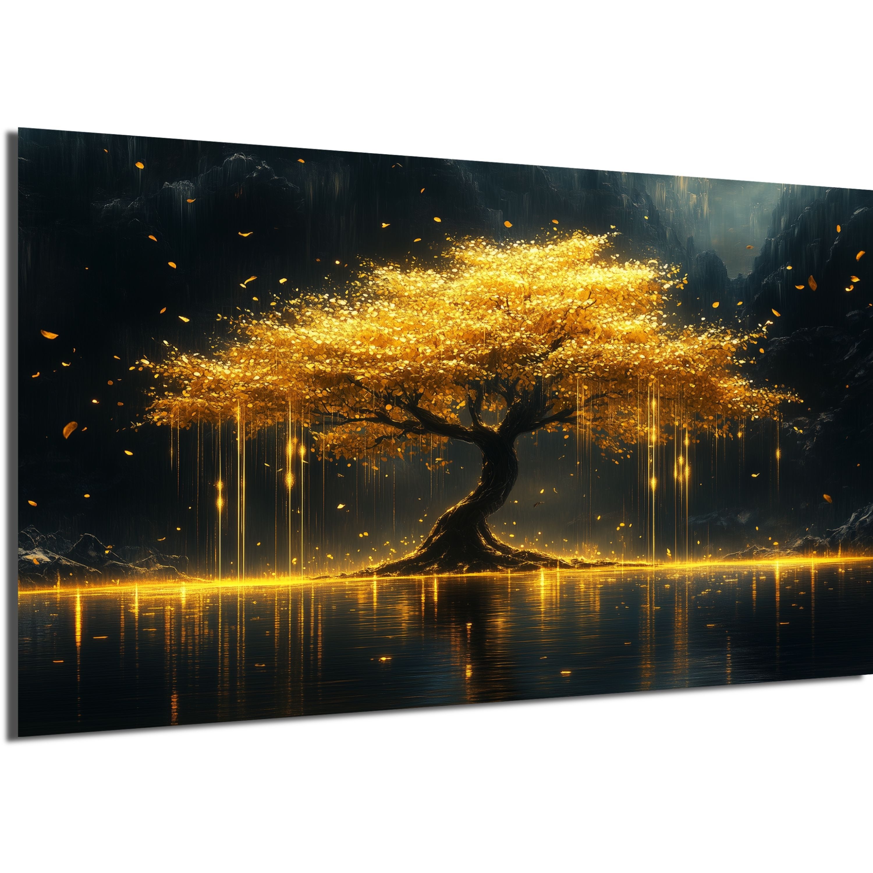 DARO Design Leinwandbild Modern Abstrakt Wandbilder XXL Wandbild Wand Deko Leinwand Bilder, (Baum mit goldenem Regen - Bild groß Wohnzimmer Schlafzimmer Küche Esszimmer Einteilig Querformat Fotodruck Leinwände Wanddeko Abstrakte Kunst Boho), 30x20cm