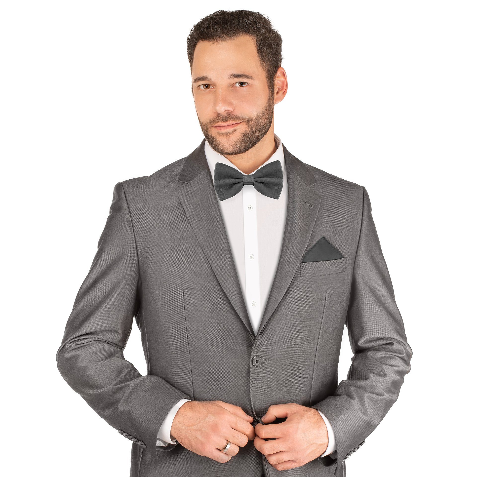 aus Hochzeit Fliege 5 Teilig Anzug Uni für Polyester Einfarbig SET cm (Krawatte Länge StickandShine cm modern und 3 Spar-SET, als 3 / Krawatte Dunkelgrau Einstecktuch Krawatte Teilig) 148 Uni Einstecktuch, Fliege Breite SET