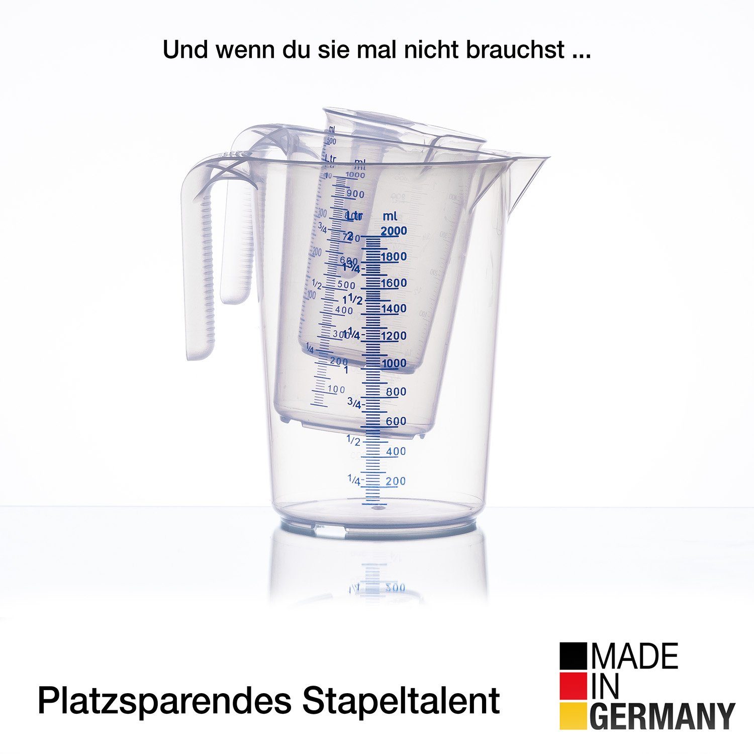 Made 3 Germany, Polypropylen-Kunststoff hitzebeständig 500ml, Größen: Messbecher Skala, BigDean in 2L 1L, Set