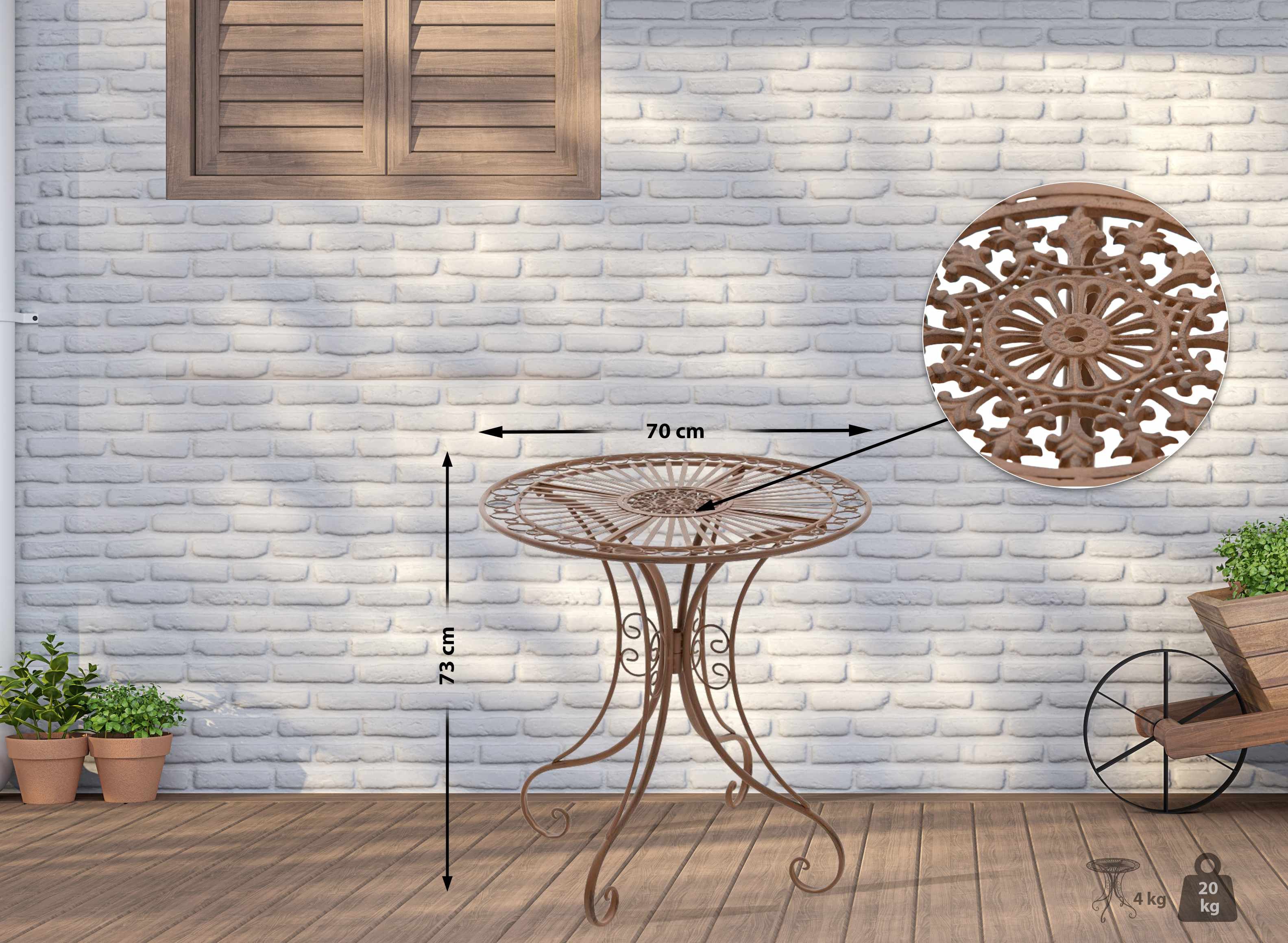 furnicato Gartentisch Hari 70 cm Durchmesser Braun (1-St), Handgefertigter Outdoor-Tisch mit Patina für deinen Balkon