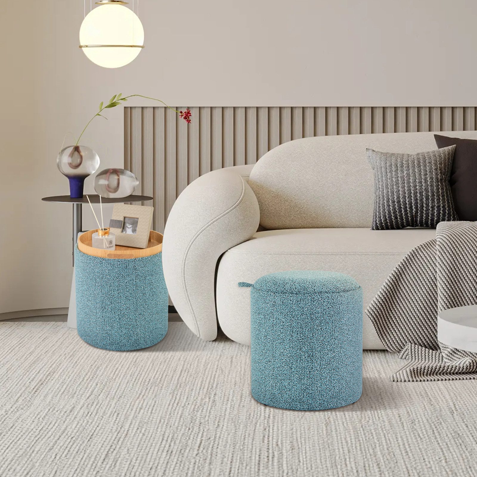 COSTWAY Sitzhocker, 2er Set, runder Fußhocker mit Stauraum, wendbarem Deckel