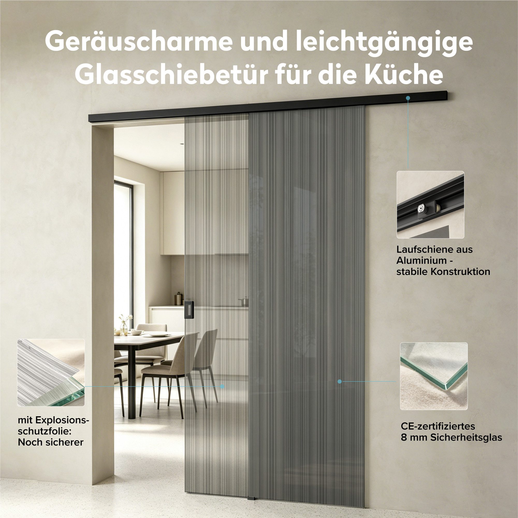 doporro Glasschiebetür Komplettset Soft-Close Zimmertür mit Sicherheitsfolie 8mm ESG Mu001, Aluminiumkonstruktion