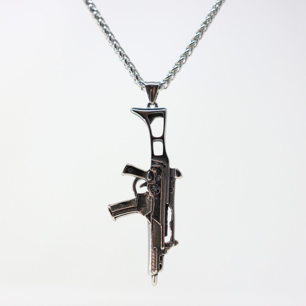 DALMARO Kette mit Anhänger Lederkette Edelstahlkette 316L MASCHINENPISTOLE, Herren Halskette Biker / Wikinger Kette - Schmuckbox