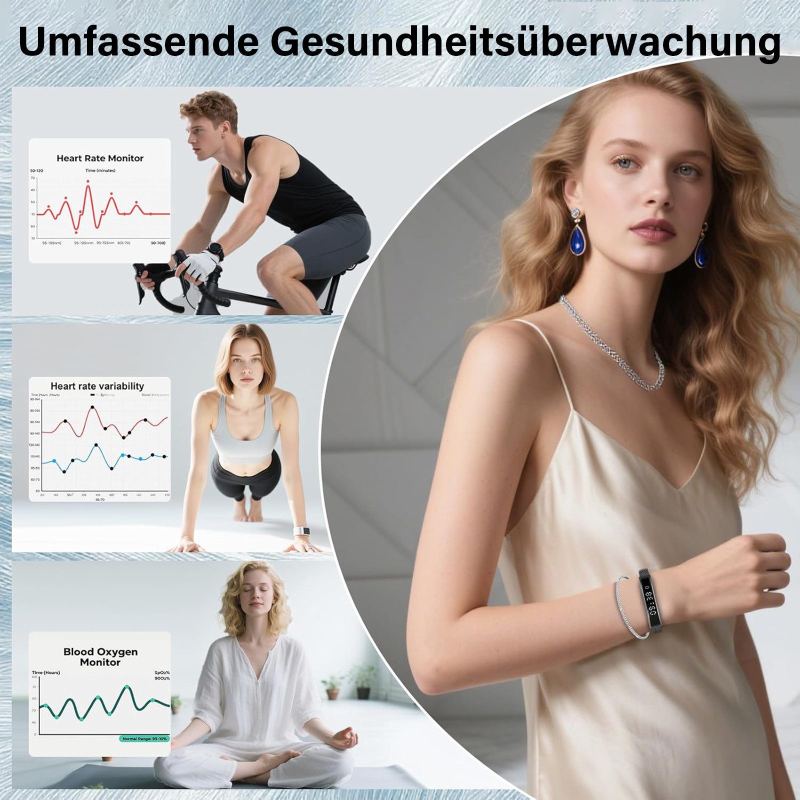 MOPUEA Fitness-Tracker Fitness Tracker Armband Herzfrequenz Schlafanalyse 12 Sportmodi (Fitnessarmband Set mit Wechselarmbändern, Smartband mit Metall Mesh und  – Bild 4 von 5