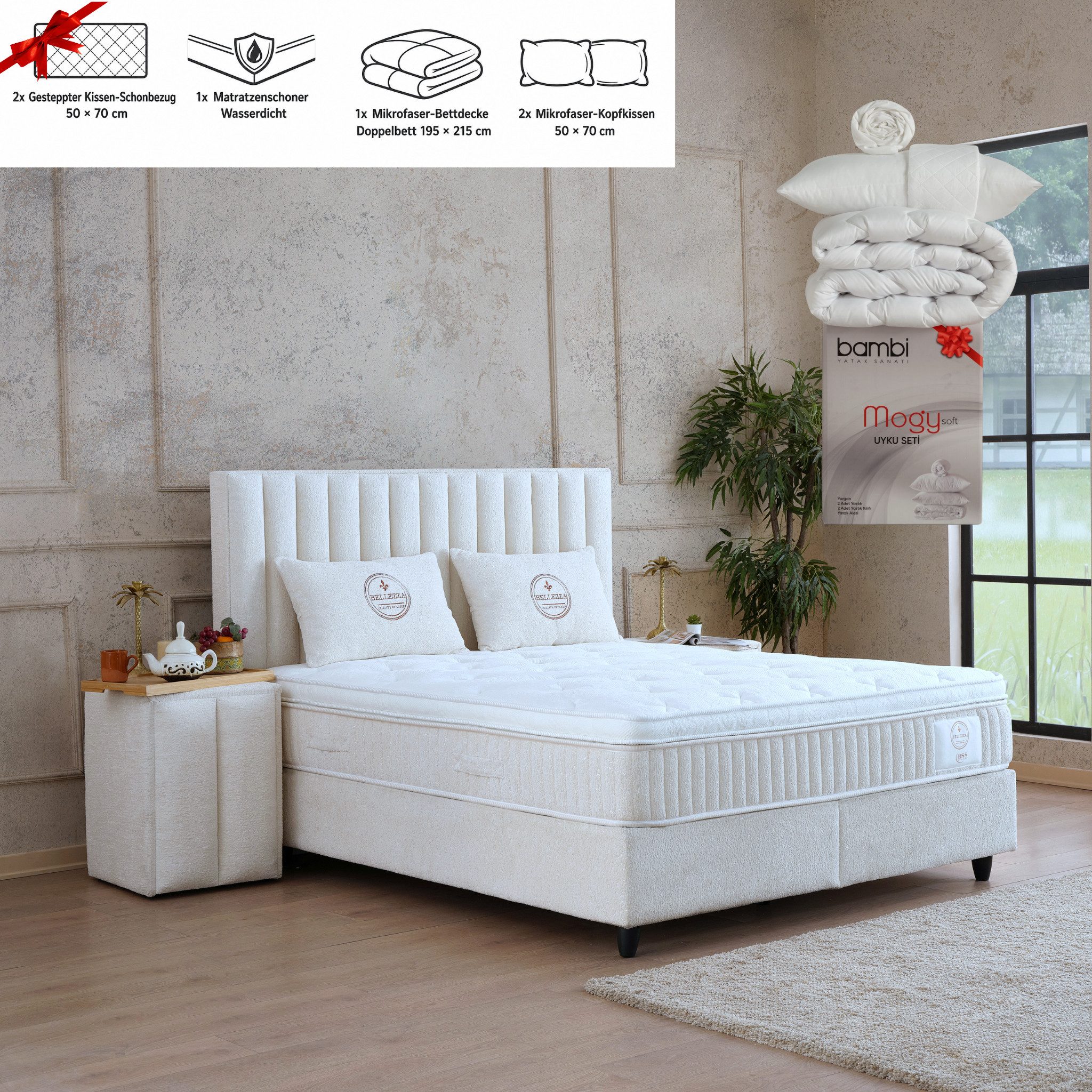 gowoll Boxspringbett mit Matratze Polsterbett Stauraumbett Betkasten inkl. Lieferung Beleza (Set, 2 Bettkästen, 1 Matratze, 1 Kopfteil (Nachttisch optional), inkl. Matratze