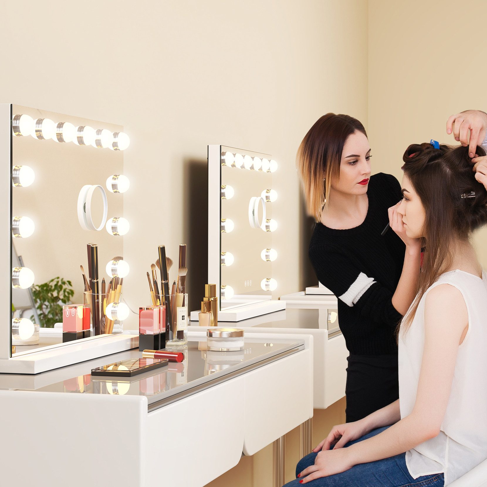 Dripex Schminkspiegel Hollywood Schminkspiegel mit 15/14 LED, für Make-up, 3 Farblichter