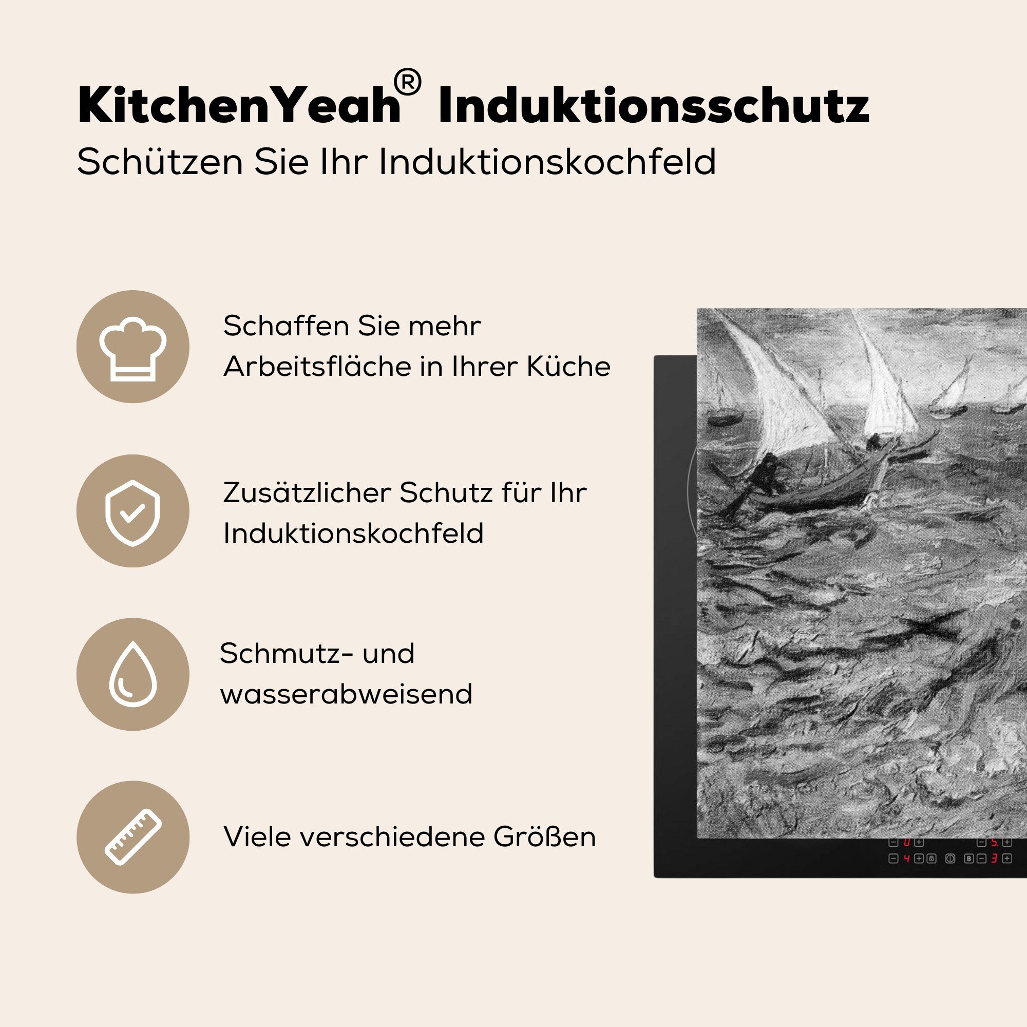 van cm, für Vincent Ceranfeldabdeckung - - küche, Segelboote Schwarz - Induktionsmatte Weiß, Vinyl, MuchoWow die tlg), (1 Herdblende-/Abdeckplatte Gogh 59x52