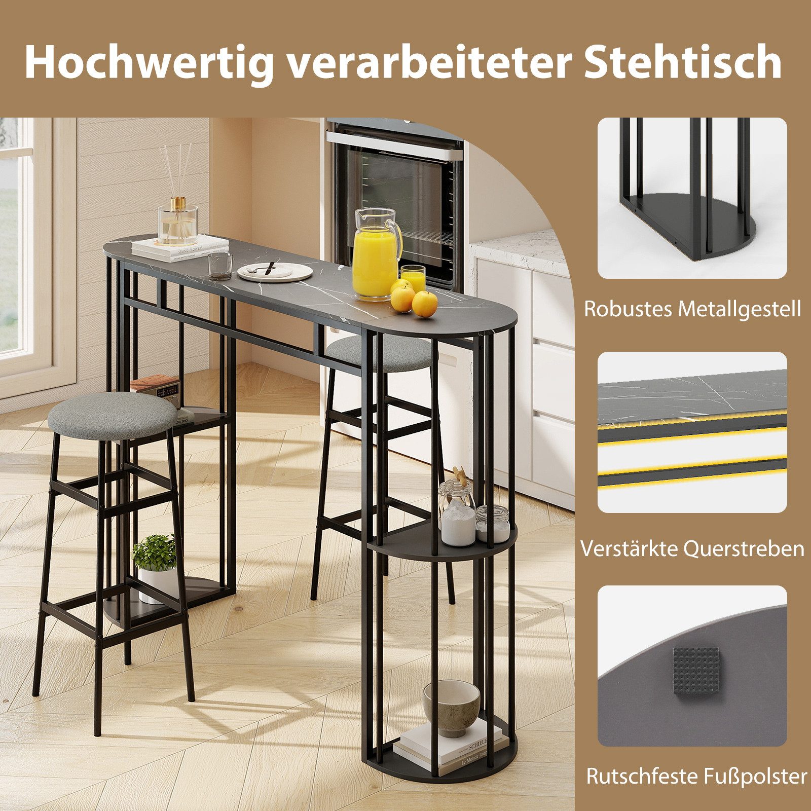 COSTWAY Bartisch, Küche mit 4 halbrunde Regale, 150cm Stehtisch Marmor Metall