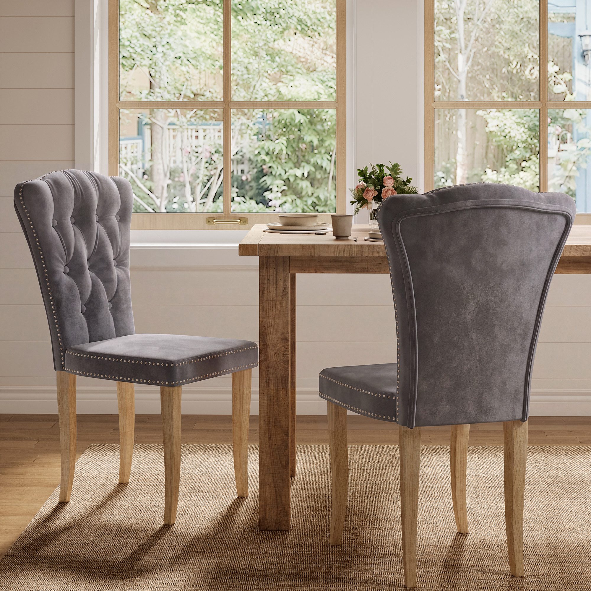 Simurq Hochstuhlaufsatz Esszimmerstühle 2er‑Set Samt, Knopfrücken Nieten Holzbeine grau/beige