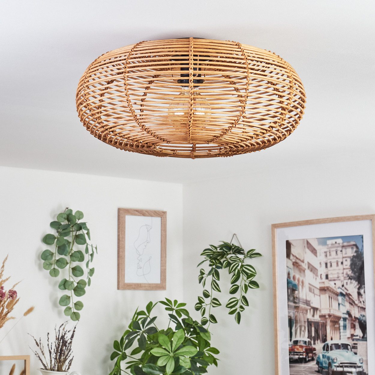 hofstein Deckenleuchte moderne Deckenlampe aus Metall/Rattan in Schwarz/Natur, ohne Leuchtmittel, Lichteffekt an der Decke, Ø 50 cm, 1 x E27, ohne Leuchtmittel – Bild 3 von 5