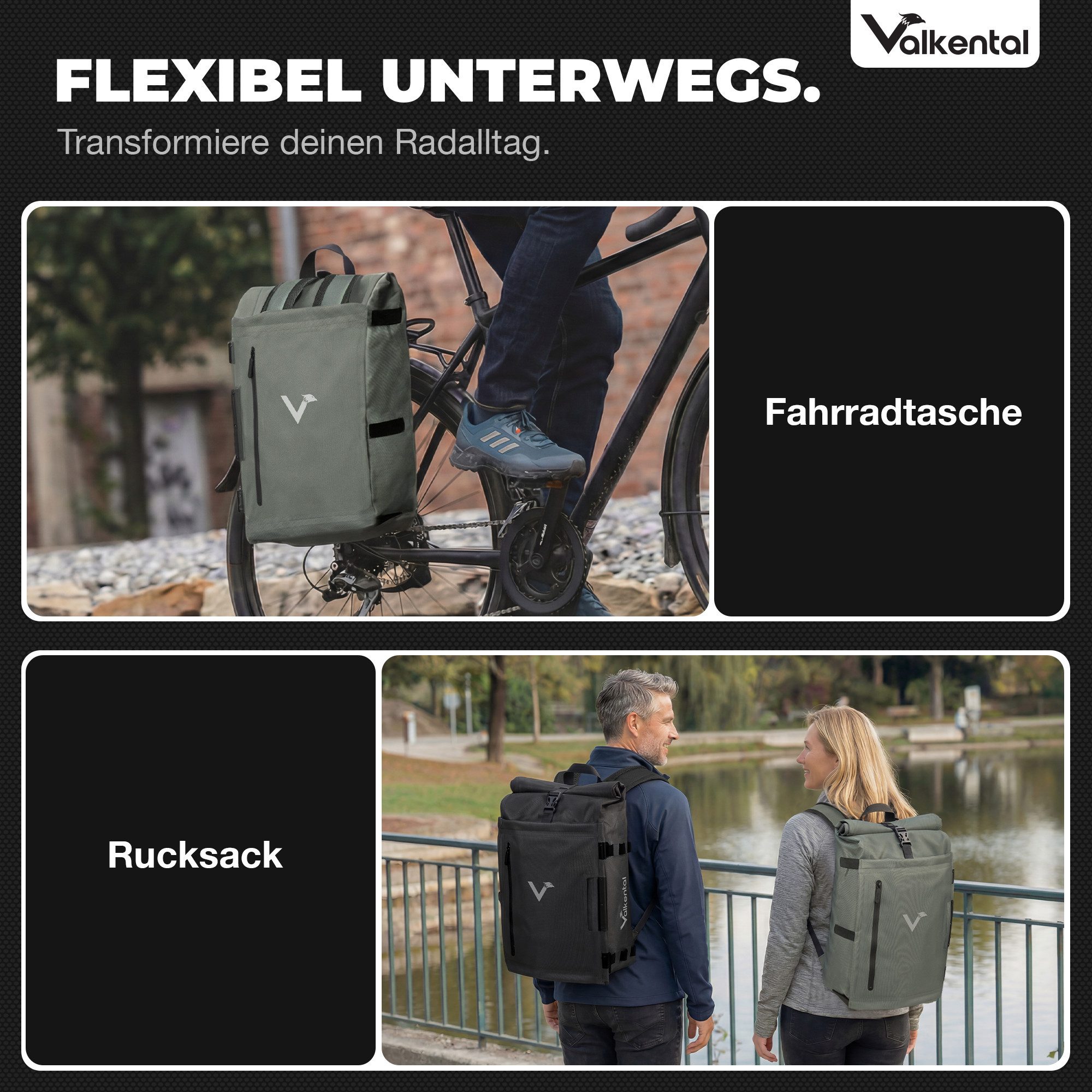 Valkental Fahrradtasche TrailX 2in1 Gepäckträgertasche & Rucksack (28L, Laptopfach, Rückenpolster), wasserdicht & reflektierend