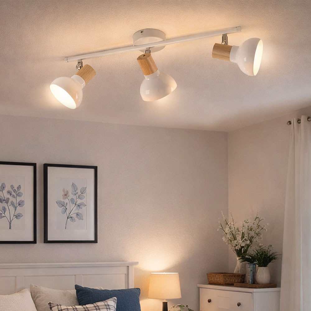 WOFI Deckenleuchte, Leuchtmittel nicht inklusive, Deckenleuchte Holzlampe 3 Flammig weiß Deckenlampe 3 Strahler mit
