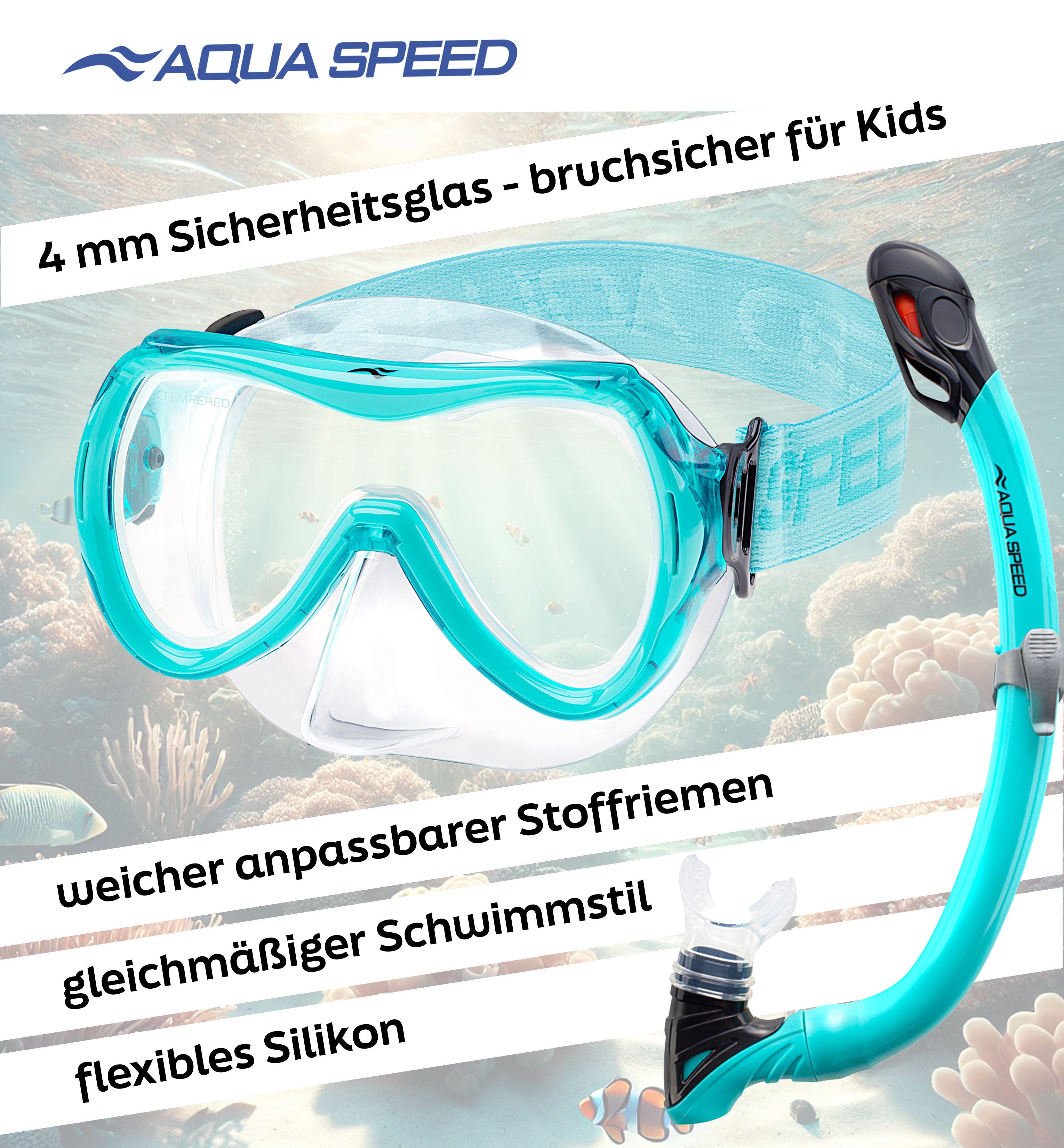 Aqua Speed Schnorchel Schnorchelset ALIZE + SAMOS Tauchmaske für Kinder, mit Netzbeutel (Kinderschnorchelset mit Maske und Schnorchel im Netzbeutel), EASY-ADJUST Kopfband für sicheren und bequemen Sitz