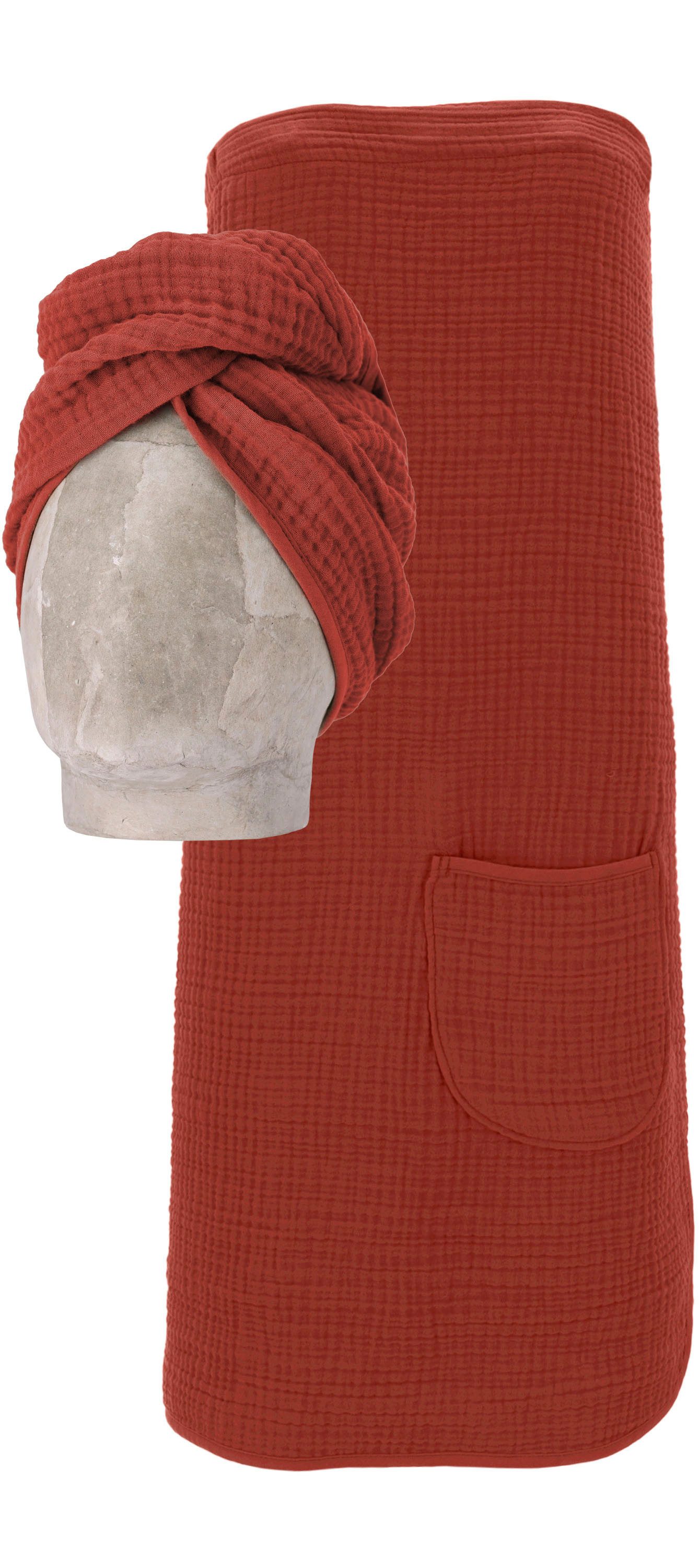 Vossen Kilt Wellness Set, ideal für Sauna & Spa, Hotelbademantel, Morgenmantel, Baumwoll-Mix, Musselin, 1 Spa Dress +1 Turban in einem Set inkl. Geschenkverpackung