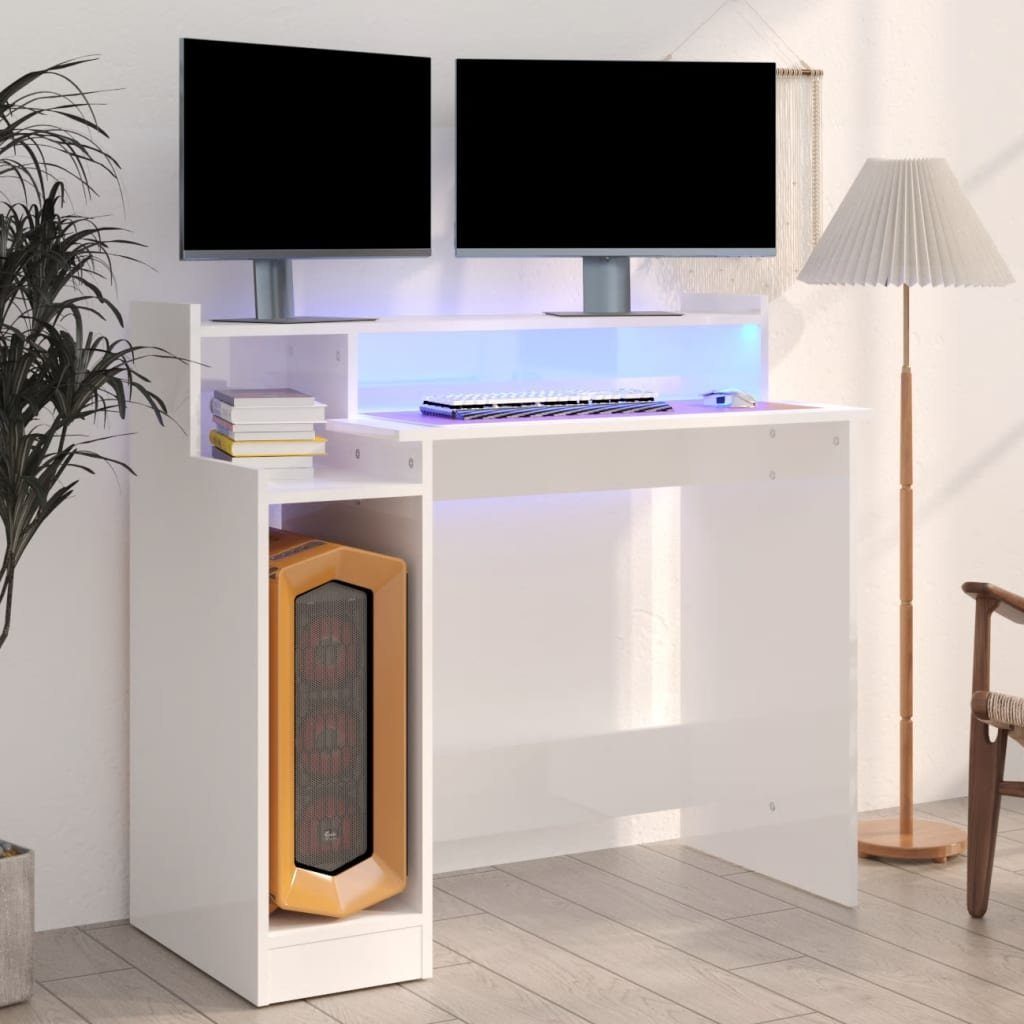 furnicato Schreibtisch mit LEDs Hochglanz-Weiß 97x45x90 cm Holzwerkstoff