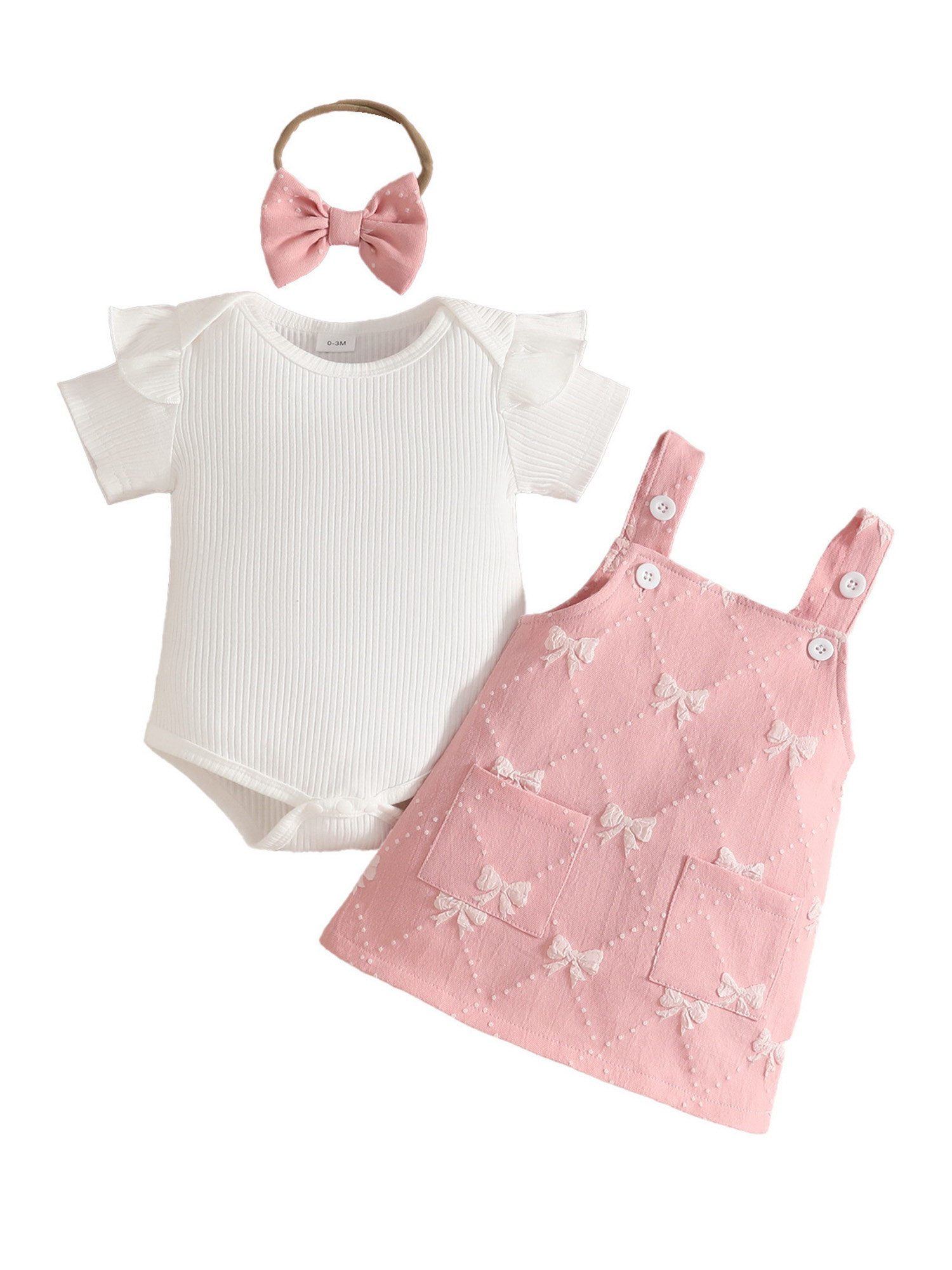 Lapastyle T-Shirt & Kleid Kleidung für Babymädchen, Kurzarm-Strampler, Latzkleid und Stirnband (Set, 3-tlg) Sommerliche Rüschen-Outfit-Sets, für Partys und Urlaub