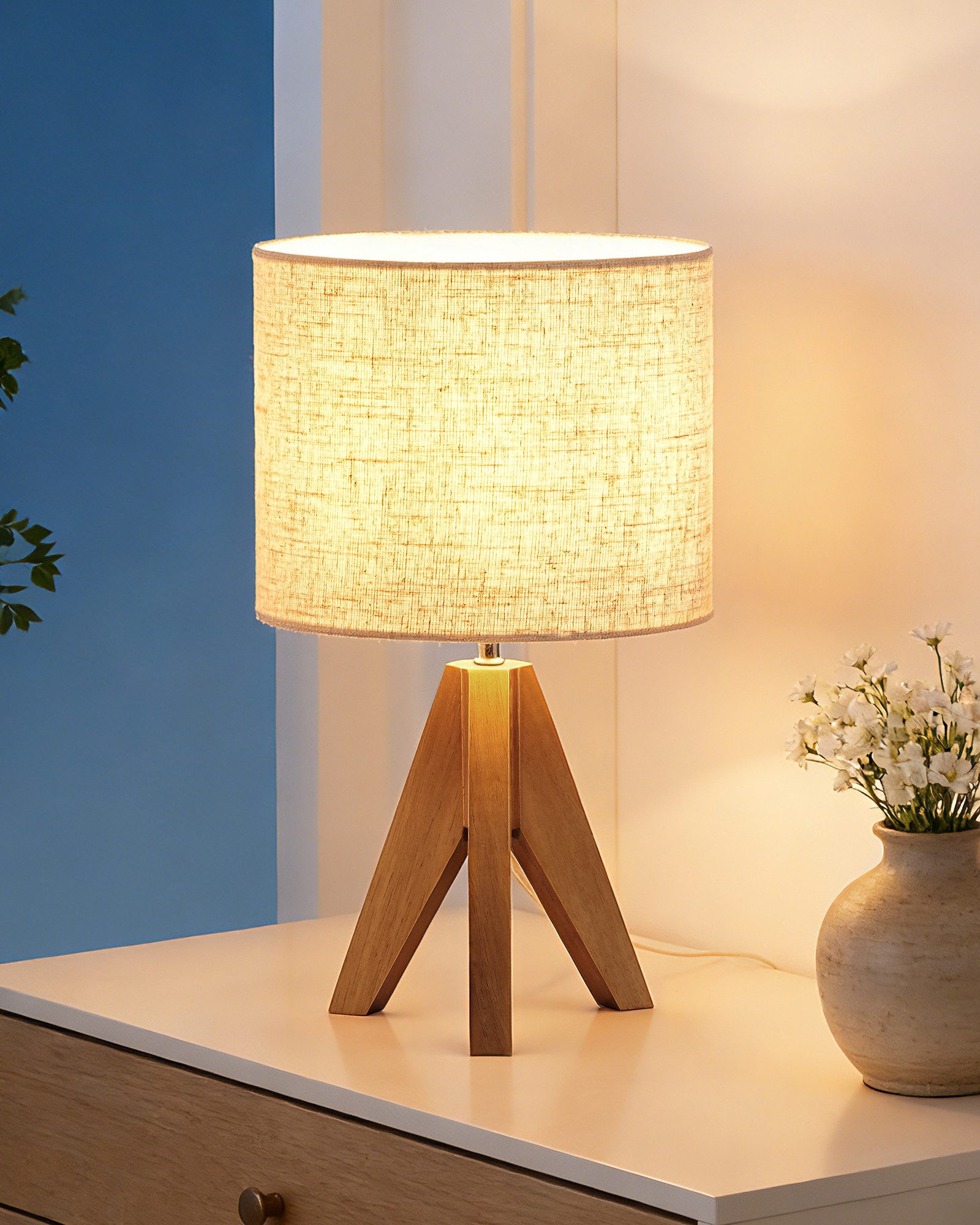 EDISHINE Nachttischlampe Vintage Tischlampe Holz mit Stoffschirm, inkl. Leuchtmittel, LED wechselbar, Warmweiß, Lampenschirm aus Leinen, für Deko, Schlafzimmer, Wohnzimmer