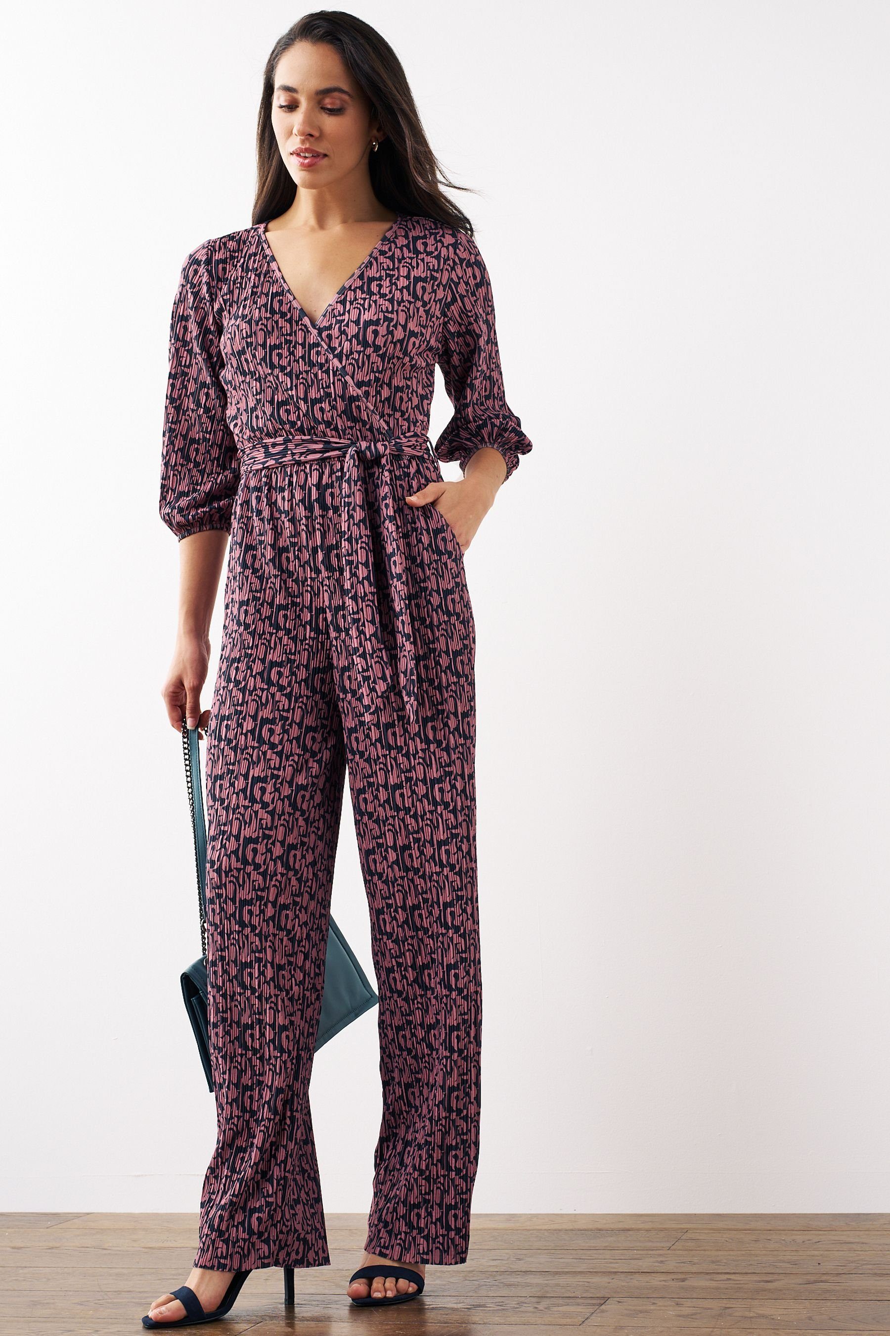 mit Overall Jumpsuit Pink/Navy Ärmeln, (1-tlg) grün Plissierter Blue langen Next