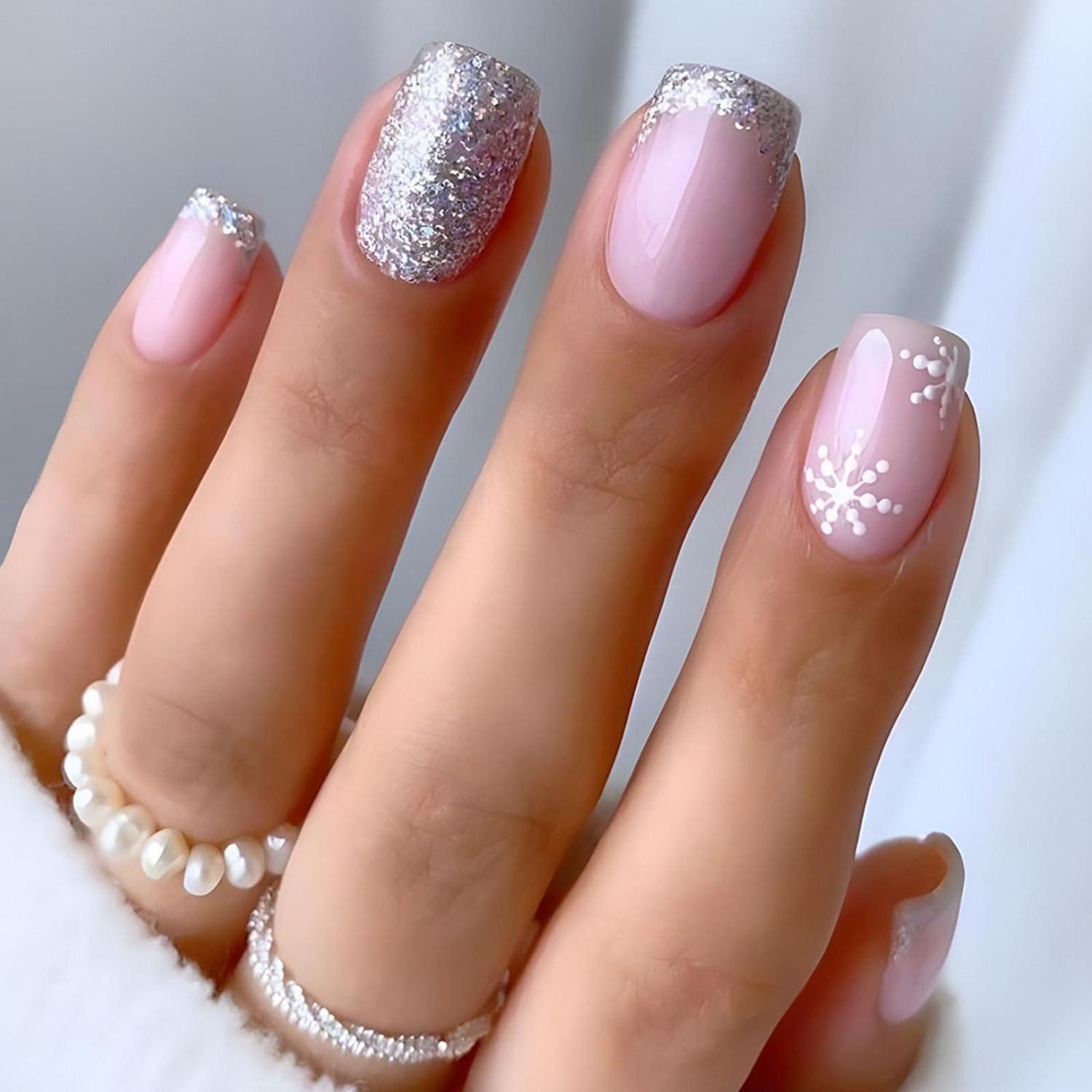 LuxusKollektion Kunstfingernägel Künstliche Nägel Kurz Rosa Glitzer Schneeflocke
