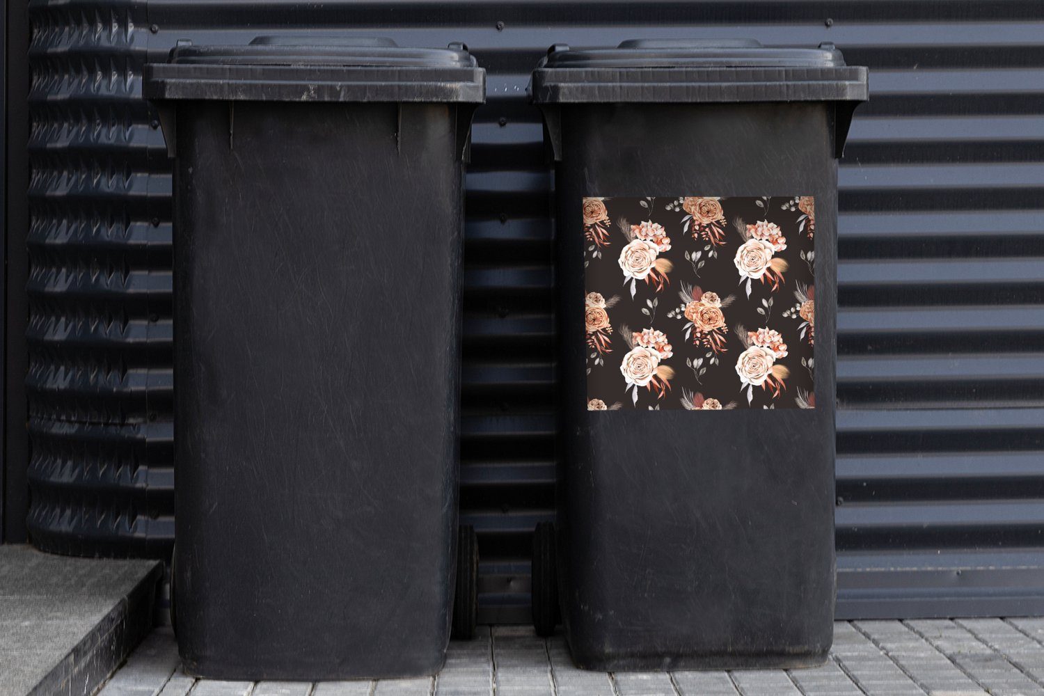 - Mülltonne, Bohème St), Schwarz Abfalbehälter - Blumen MuchoWow Container, Dekoration (1 Wandsticker Sticker, Mülleimer-aufkleber,